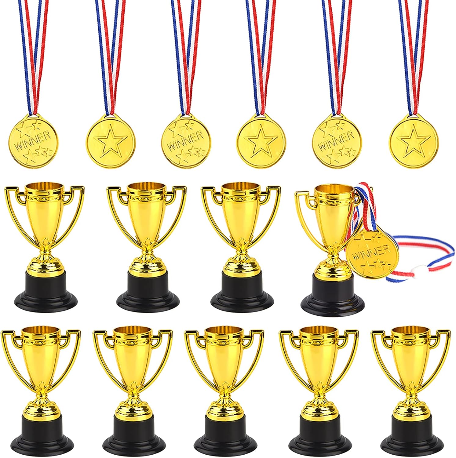 FEPITO 30 Pcs Trophies Medals Set 10Pcs Gold Plastic Trophy Cup and 20Pcs Winner Medals for Kid Party Sports Awards