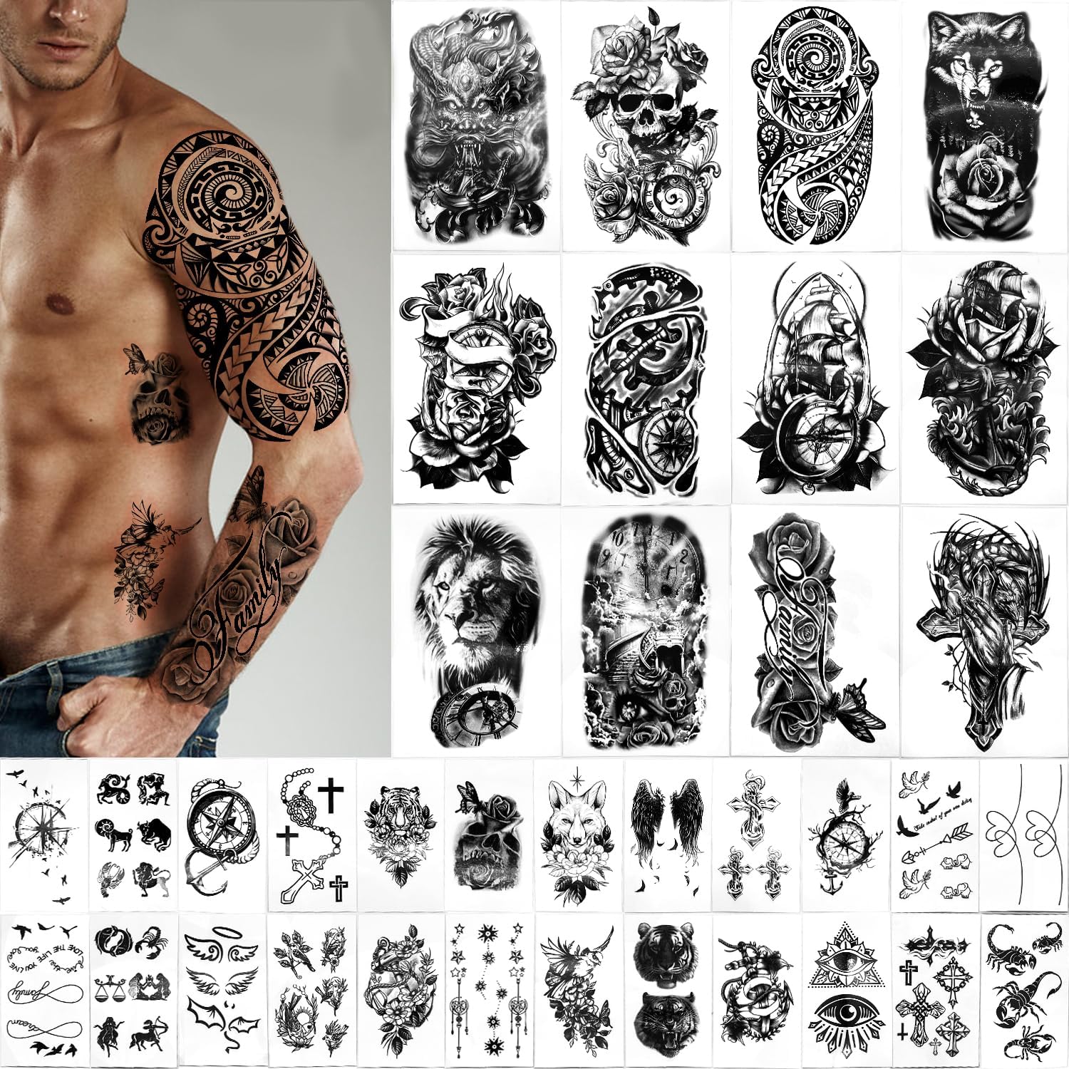 Yazhiji 36 Sheets Temporary Tattoos Stickers, 12 Sheets Fake Body Arm Chest Shoulder Tattoos for Men or Women with 24 Sheets Tiny Black Temporary Tattoos.