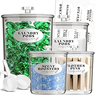 4 Pack Laundry Container Jars - Premium Acrylic Jars for Laundry Room Organization and Storage Organizing Laundry Pods, Powder, Detergent, Soap,Beads, Laundry Accessories - with Labels&Scoops
