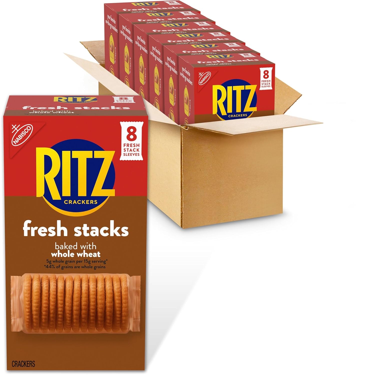 RITZ Fresh Stacks Whole Wheat Crackers, Bulk Travel Snacks, 6 Boxes (48 Multi Snack Packs)