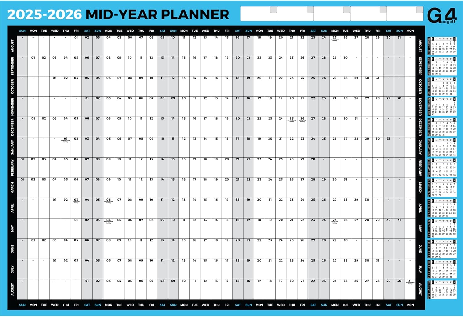 G4GADGET Academic Wall Planner 2025 2026 Laminated | Large A1 Yearly Calendar (85cm x 58cm) | 13-Month Mid-Year Planner with UK Holidays for Home, Office & School