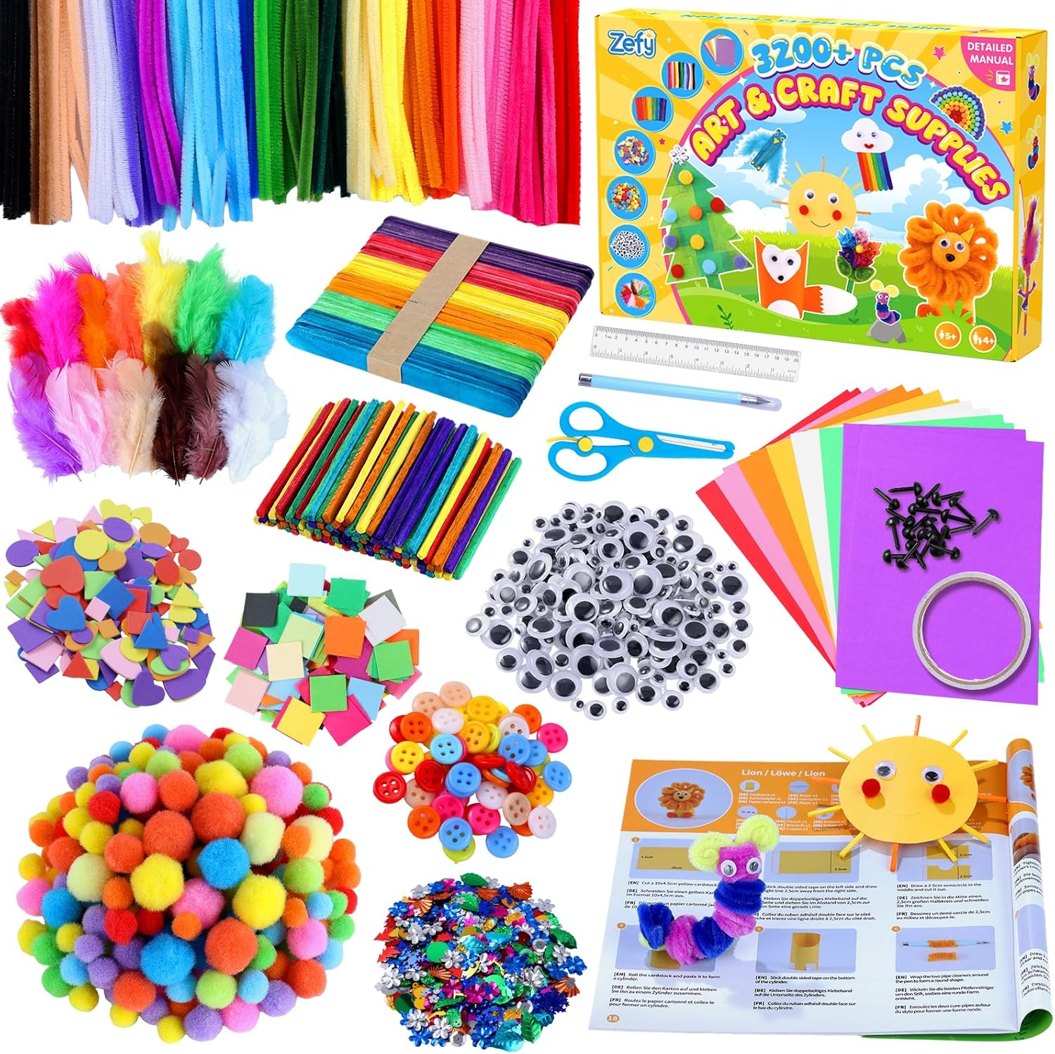 Zefy 3200+ Pcs Arts and Crafts Supplies for Kids, All in One Craft Kits with 12 Crafts Design, DIY School Supplies Kit Craft Box for Girls Boys Ages 4-12
