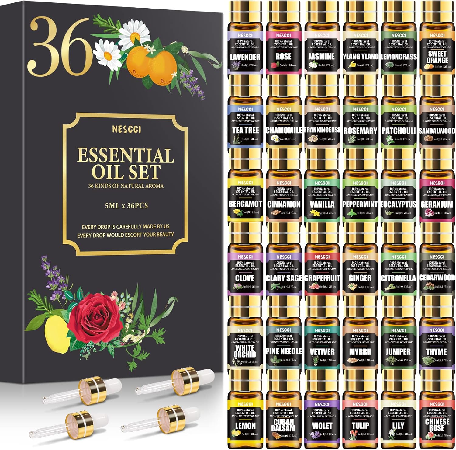NESCCI Essential Oil Set - Essential Oils 36 x 5ML - Essential Oils Gift Set for Diffuser, Humidifier, Soap, Candle, Bath Bombs Making, Halloween, Christmas