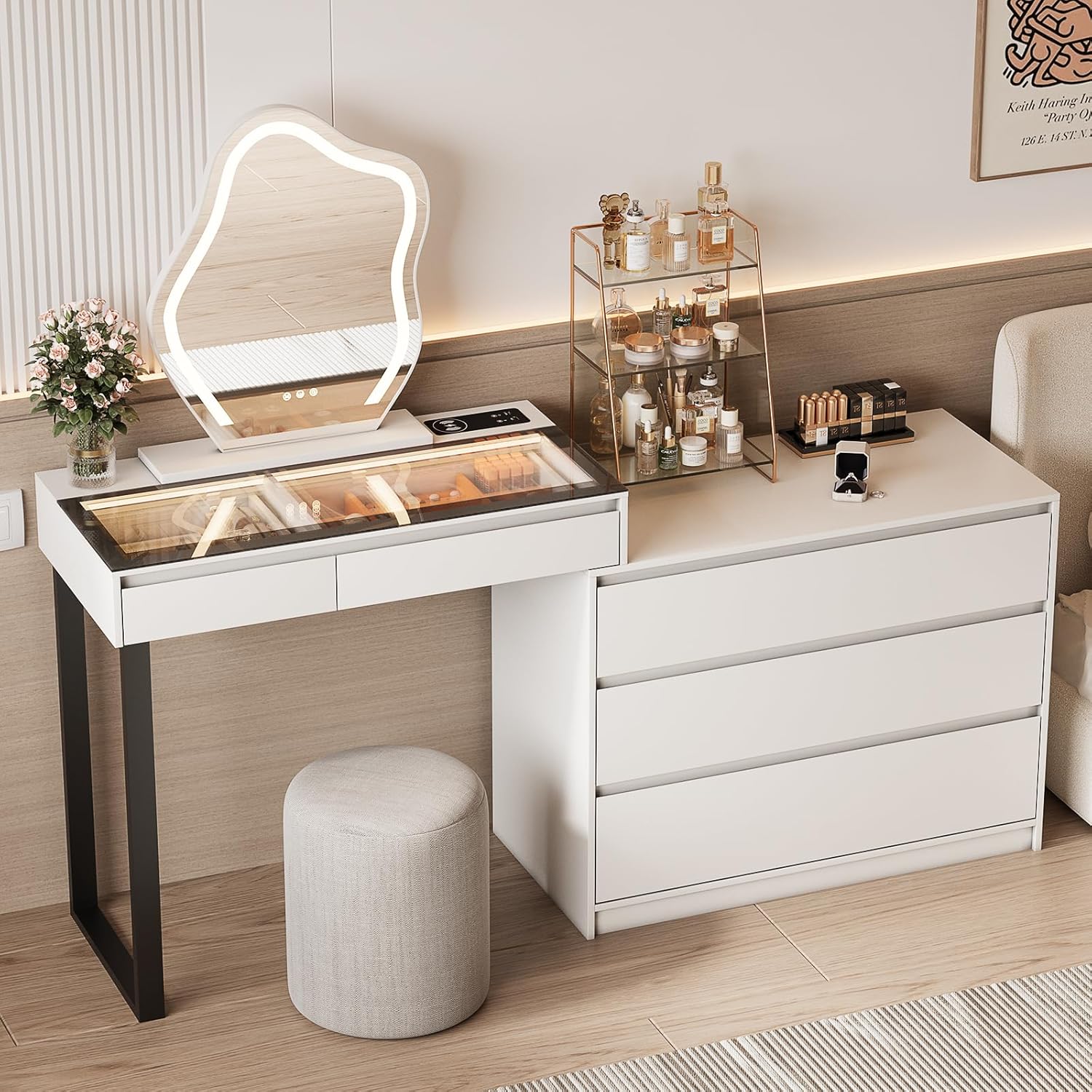 BROTTAR Vanity Dressing Tables with LED Lights, Glass Top Vanity Table Makeup Desk with Cloud-Shaped Mirror and 5 Drawers, White Dresser with Charging Station for Bedroom