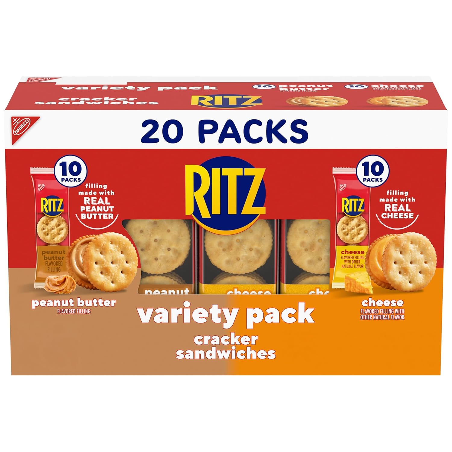 RITZ Peanut Butter and Cheese Sandwich Crackers Variety Pack, Lunch Snacks, 20 Snack Packs (6 Crackers Per Pack)