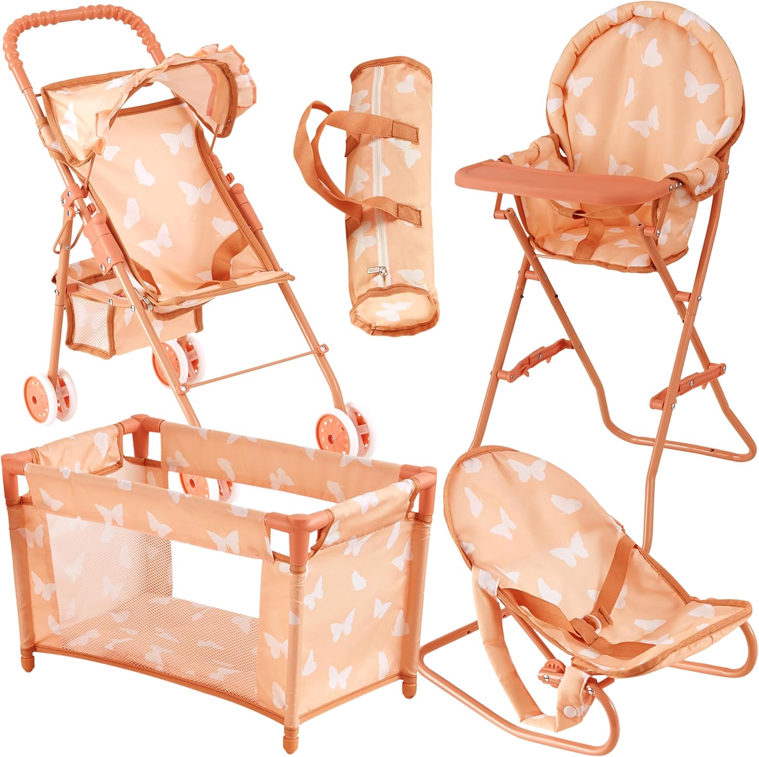4-in-1 Baby Doll Stroller Set with Butterfly Design – Includes Toy Stroller, Crib, Bouncer & High Chair – Doll Accessories & Baby Doll Furniture Set for Toddlers 3-4 Years – Fits Dolls up to 18 Inches