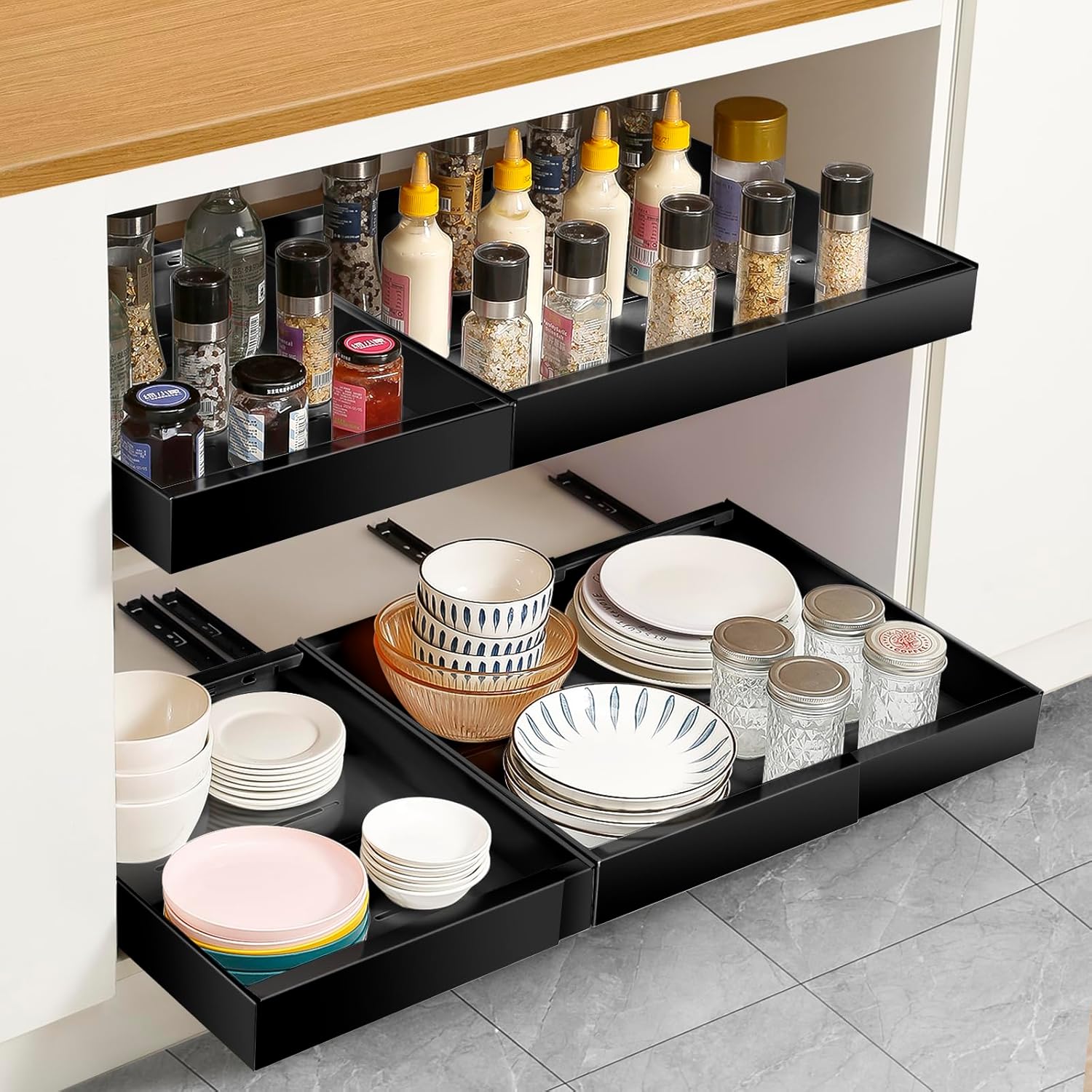 NAYAHOSE Pull Out Cabinet Organiser, Extendable Large Slide Out Kitchen Storage Drawer Shelf, Drawers Cabinet Basket with Handle for Kitchen Bathroom, No Need Drill and Nailing(Range 32-48cm)