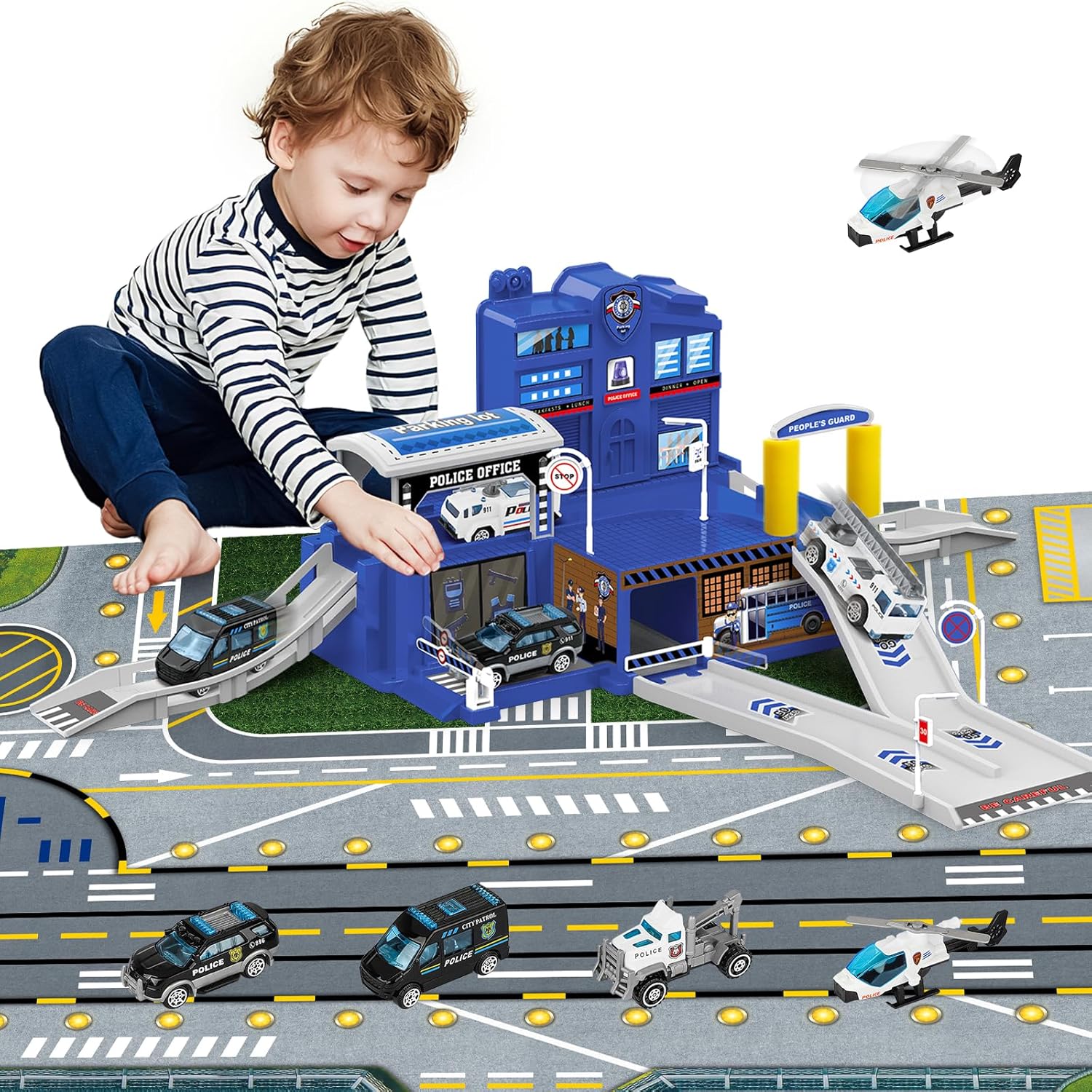 deAO Police Station Playset, Toy Garage for 3 year old, Kids' Play Vehicle Garages with Ramps Track Garage Vehicles Helicopters Traffic Signs,Play Figures Playset (Police Station Playset)