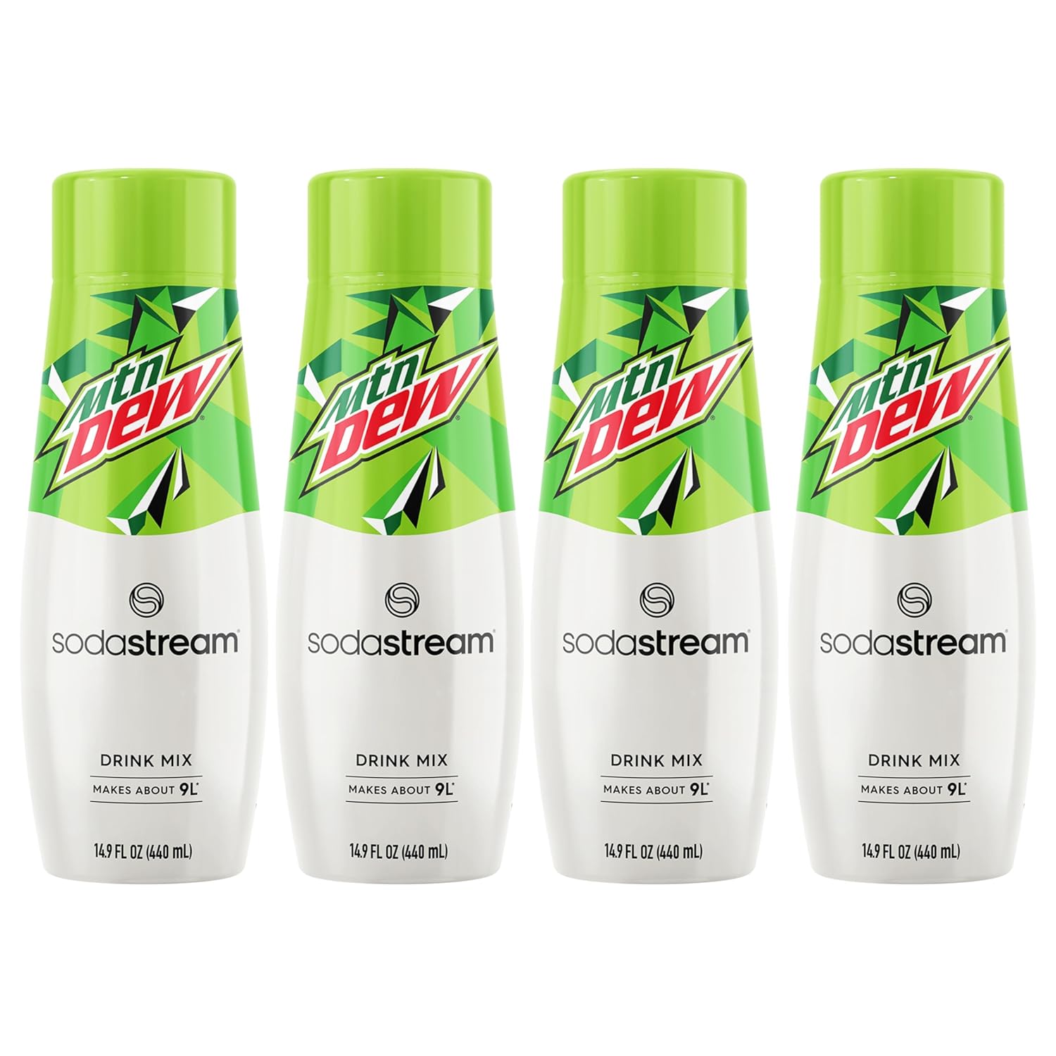 SodaStream - Mountain Dew Soda Drink Mix | For Soda Makers; turns 9.5 Gallons of Fizzy Water into delicious Mountain Dew | 52mg Caffeine per 12oz | Makes 96 Servings | 14.9 Fl Oz, Pack of 4