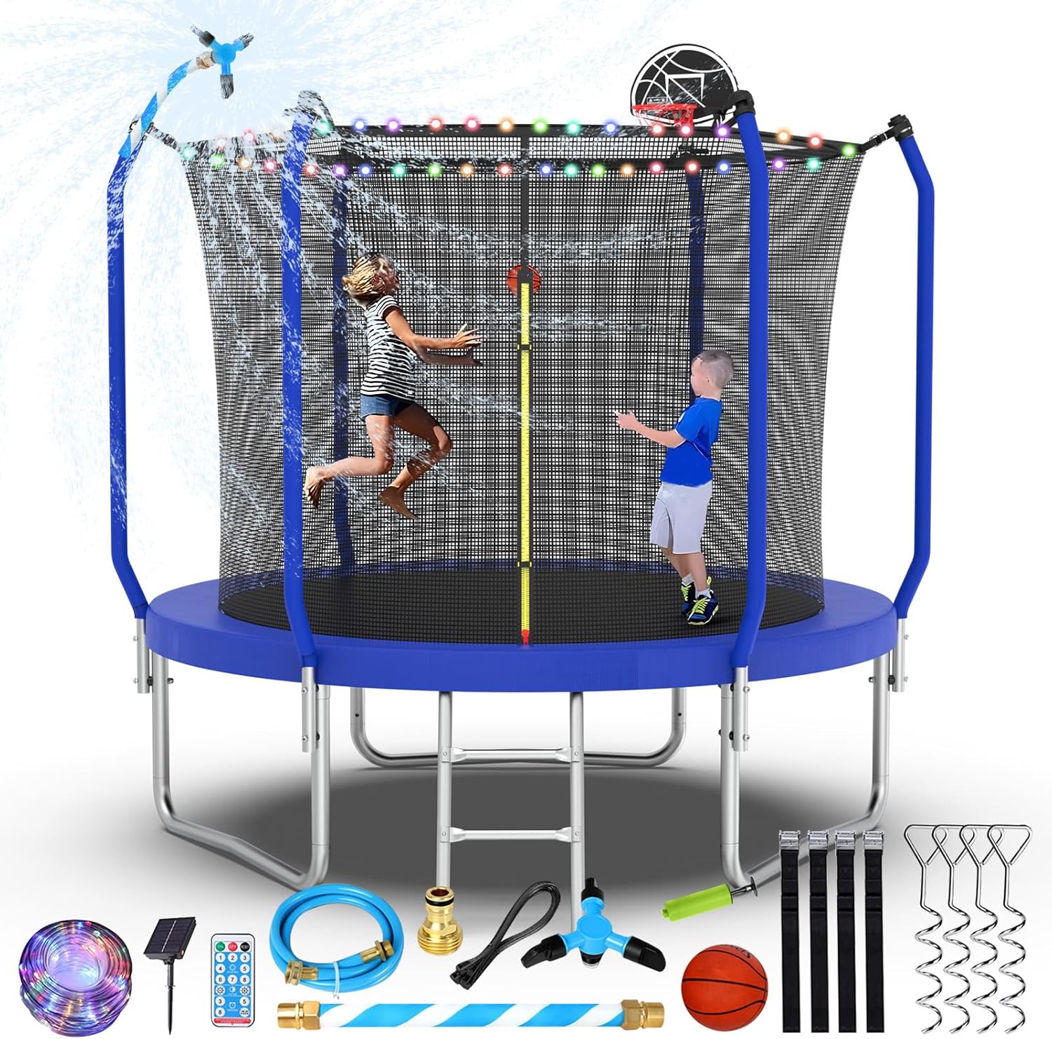Upgraded 8FT/10FT/12FT/14FT Trampoline, Outdoor Trampoline with Basketball Hoop, Backyard Trampoline with Light, Sprinkler, Stakes, Capacity for 4-6 Kids and Adults