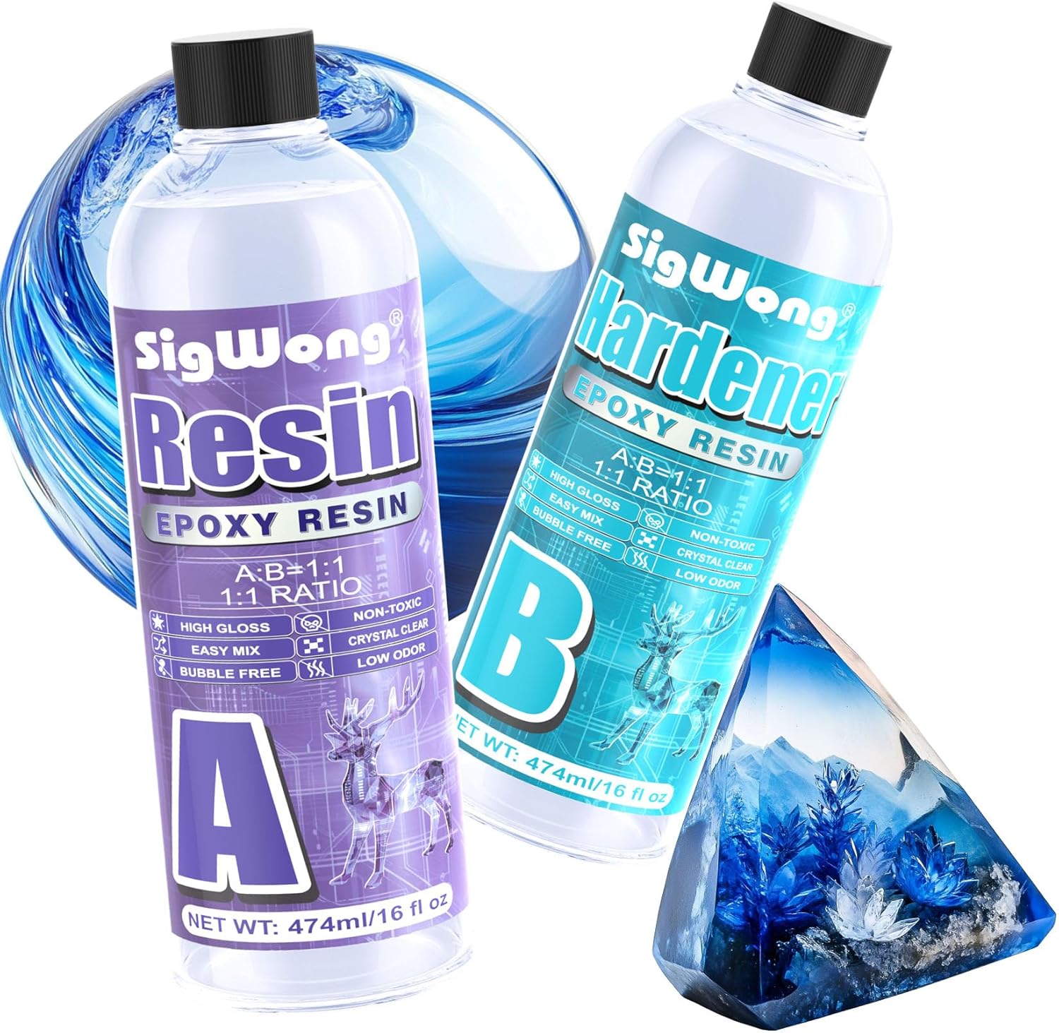 SigWong Epoxy Resin - 32OZ Crystal Clear Coating Kit, Not Yellowing No Bubble Easy Mix 1:1 Ratio, 2 Part Casting Resin for Art, Craft, Jewelry Making, River Tables