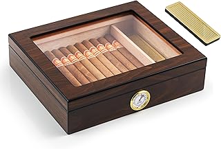 Woodronic Cigar Humidor Box for 25 Cigars, Desktop Cigar Holder with Hygrometer, Humidifier and Spanish Cedar Divider and Lining, Gift for Men