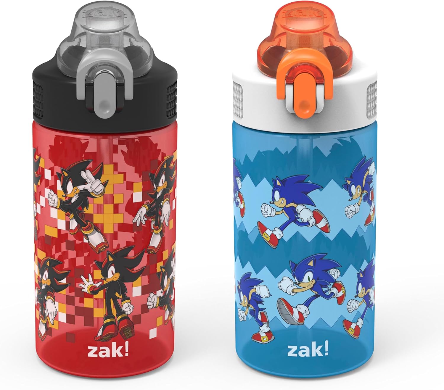 Zak Designs Sonic the Hedgehog Water Bottle 16oz Durable Plastic 2-Pack Set | Sage, Kids, For School or Travel, Water Bottle With Straw, Handle, Leak-Proof, Pop-Up Spout Cover, Sonic & Shadow