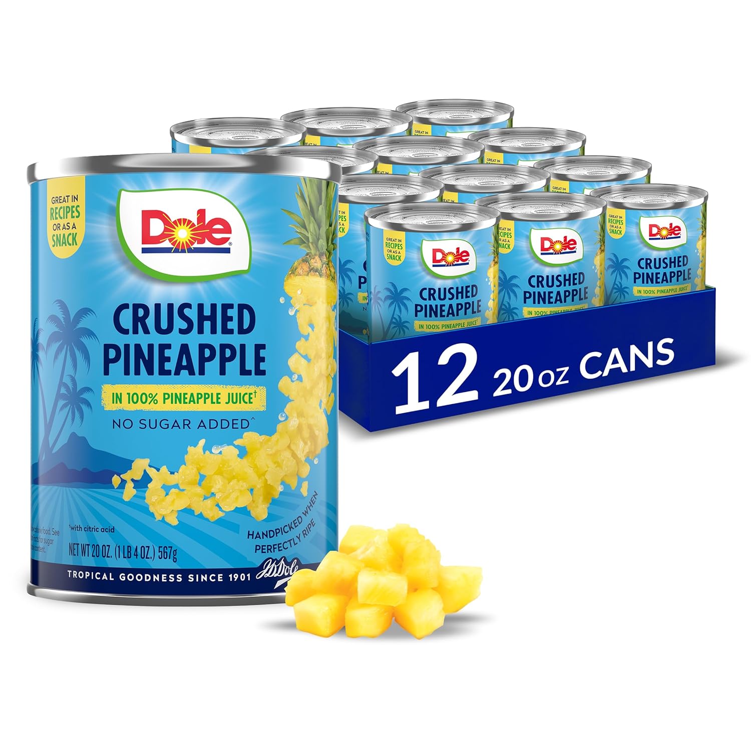 Dole Canned Fruit, Crushed Pineapple in 100% Pineapple Juice, Gluten Free, Pantry Staples, 20 Oz, 12 count, Packaging May Vary