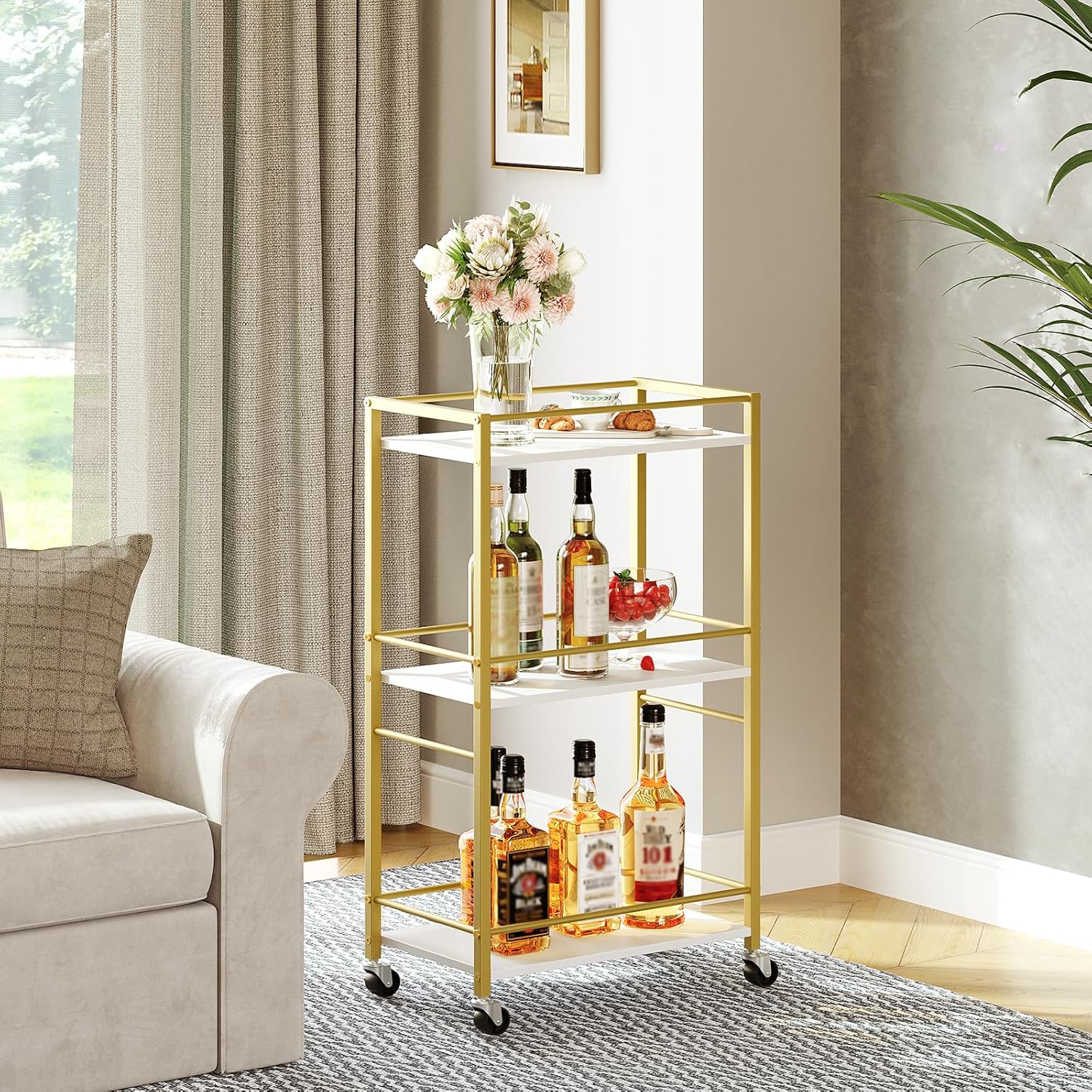Bar Cart for The Home, 3-Tier Drink Cart on Wheels, Home Bar Serving Cart, Mini Bar Cart for Small Space, Rolling Kichen Carts for Bar, Kitchen, Dining Room, Gold RCJW4001