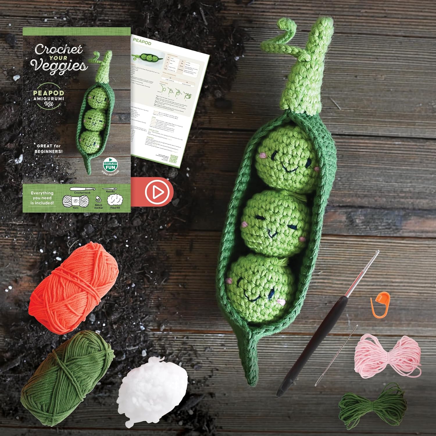 Crochet Your Veggies Amigurumi Kit Peapod: Everything You Need Is Included: 100%-Cotton Yarn, Crochet Hook, Stitch Marker, Tapestry Needle, Fiberfill, ... Instruction Videos; Beginner Friendly!