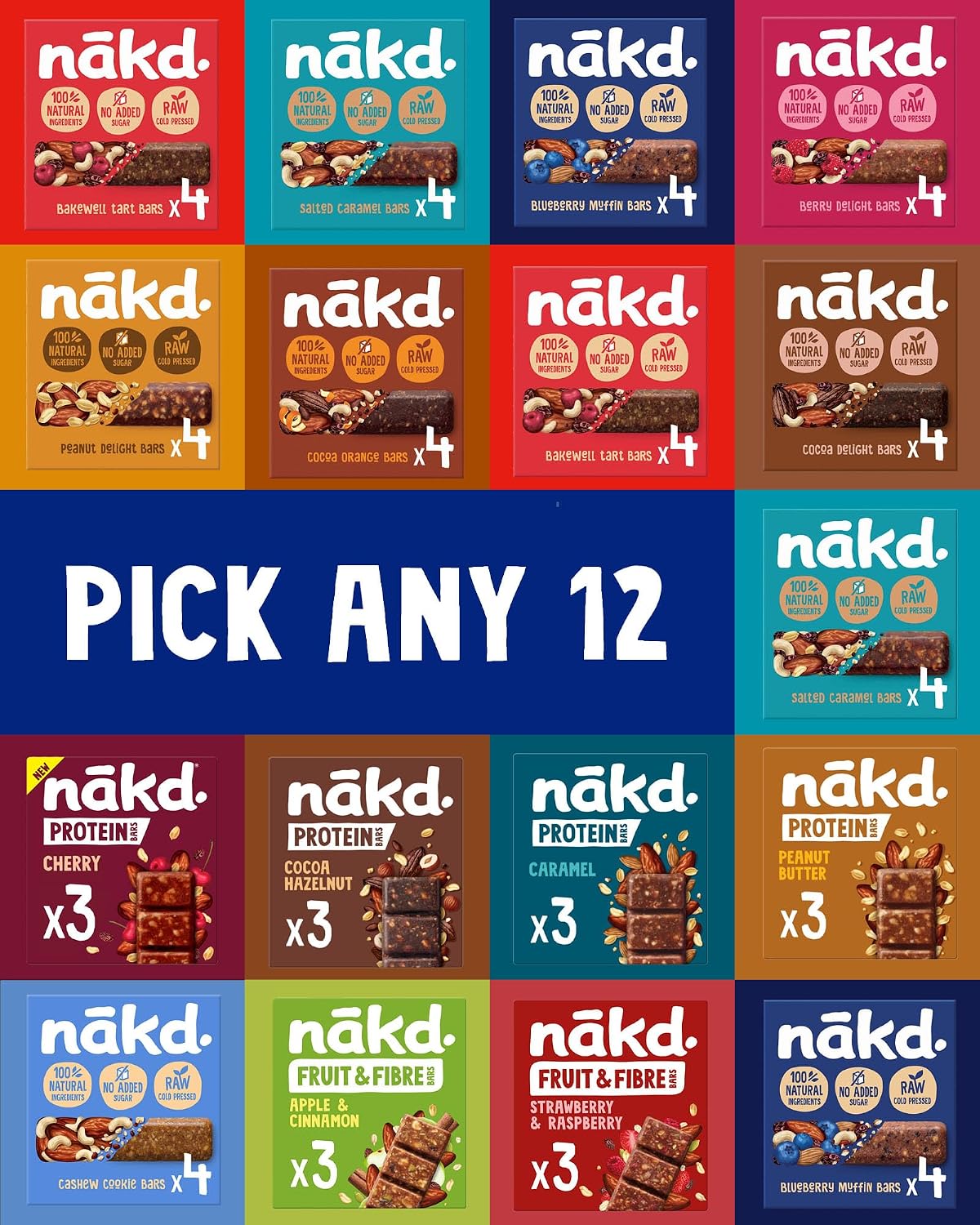 Nakd Selection Pick Any 12 Multipack from 13 Flavours - Fruit And Nut Bars 48 x 30-45g, 48 Bars.