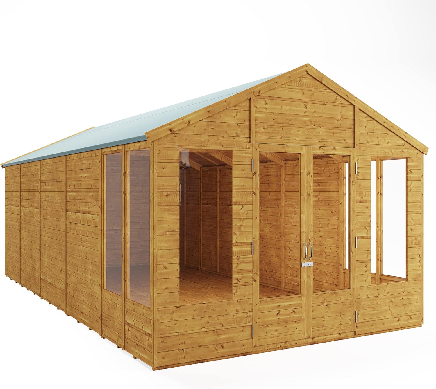 BillyOh Holly 20x10 Apex Summer House Shed, Log Cabin | Spray Treated - Garden Room with Wide Double Doors, Storage Shed, Tongue and Groove Construction | Versatile Tiny Home for Garden Office