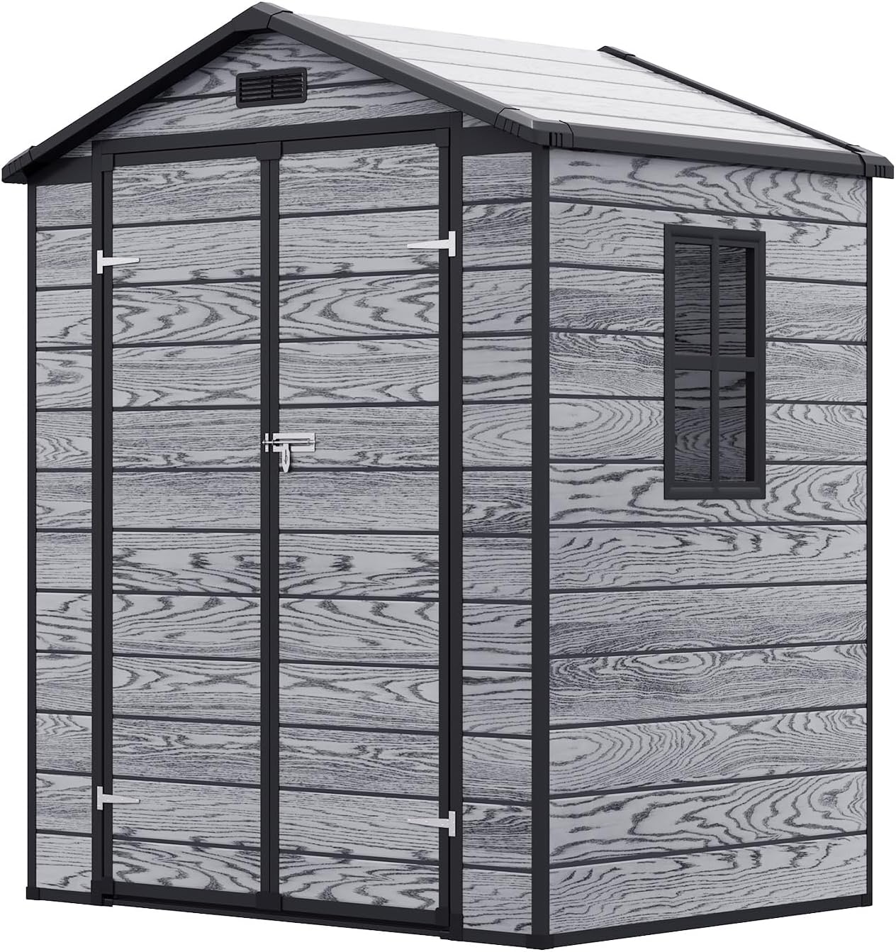 XEMQENER Plastic Garden Storage Shed with Floor - 5.5x4 FT Waterproof Outdoor Lockable Garden Shed with Window for Gardening Tools & Equipment, 170x123x210cm, Wood Grain Dark Grey