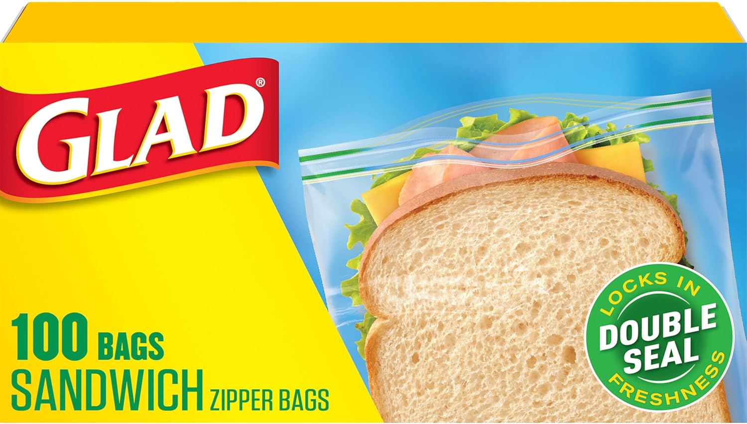 Glad Zipper Food Storage Sandwich Bags, 100 Count (Packaging May Vary)