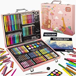 KINSPORY 150PC Art Set with Sketch Book, Coloring Art Kit Drawing Art Supplies Case, Markers Crayon Colour Pencils for Budding Artists Kids Teens Boys (Pink)