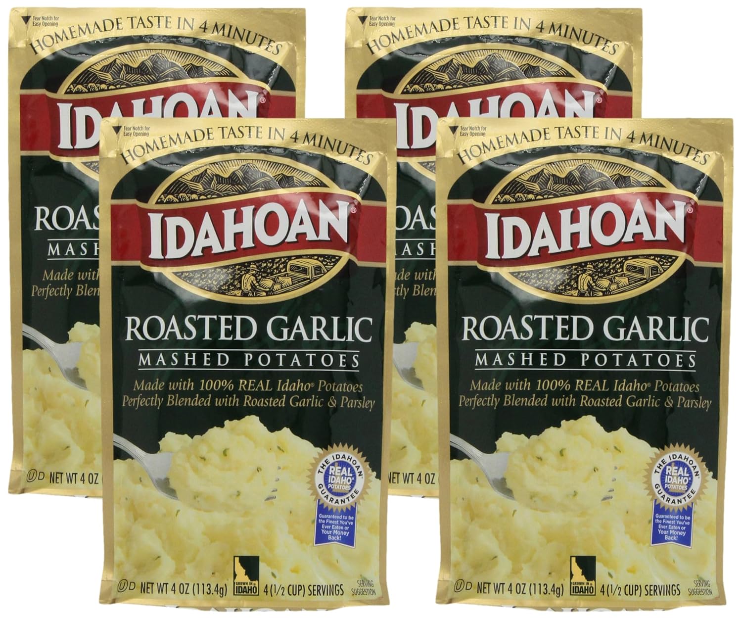 Idahoan Mashed Potatoes, Roasted Garlic, 4 oz (Pack of 4)