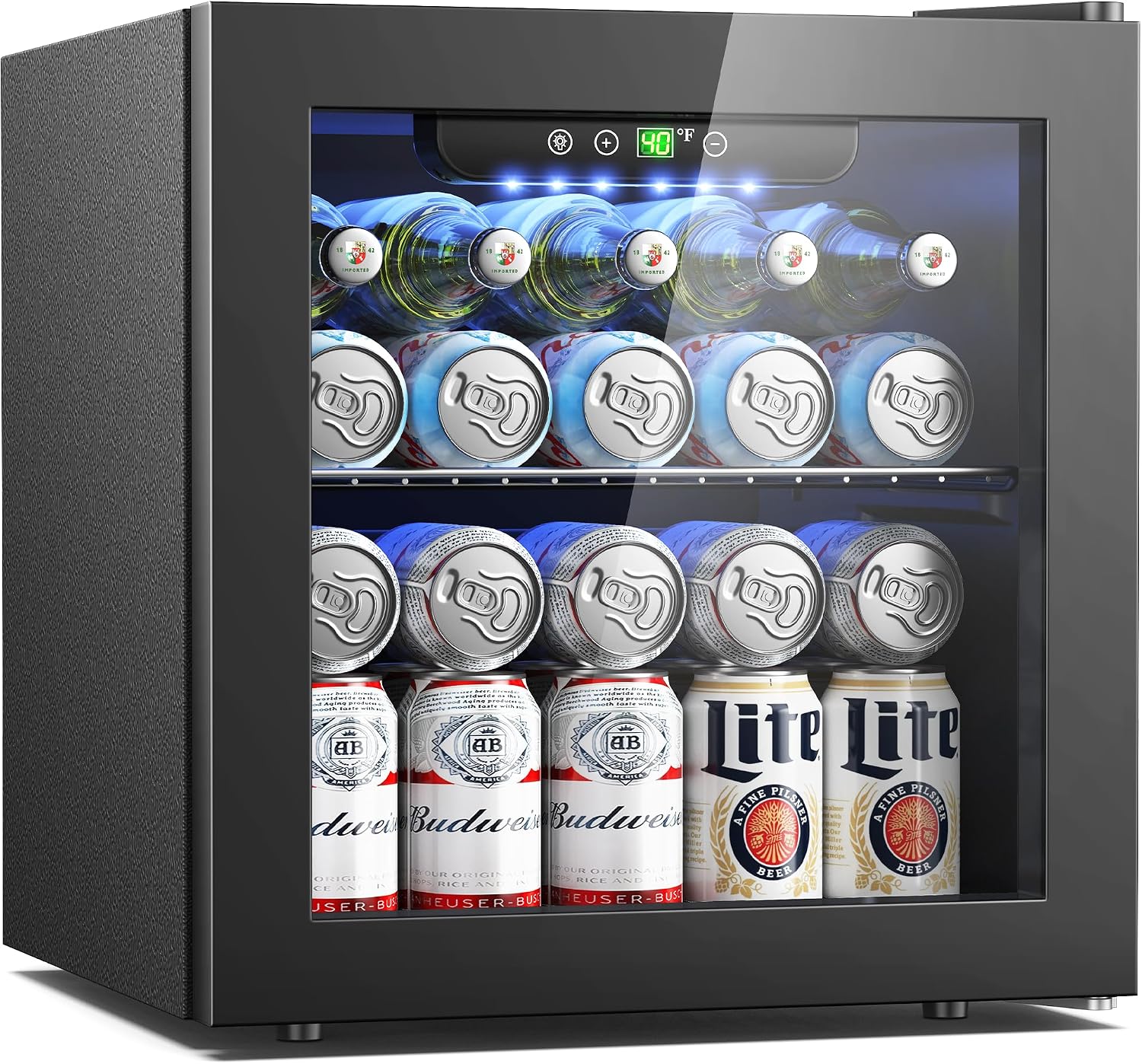 Feelfunn 50 Can Beverage Refrigerator Cooler - 1.3 Cu.Ft Mini Fridge with Glass Door, Soda Beer Drink Wine Fridge, Countertop Small Refrigerator for Bedroom Office Home Dorm Bar, Black