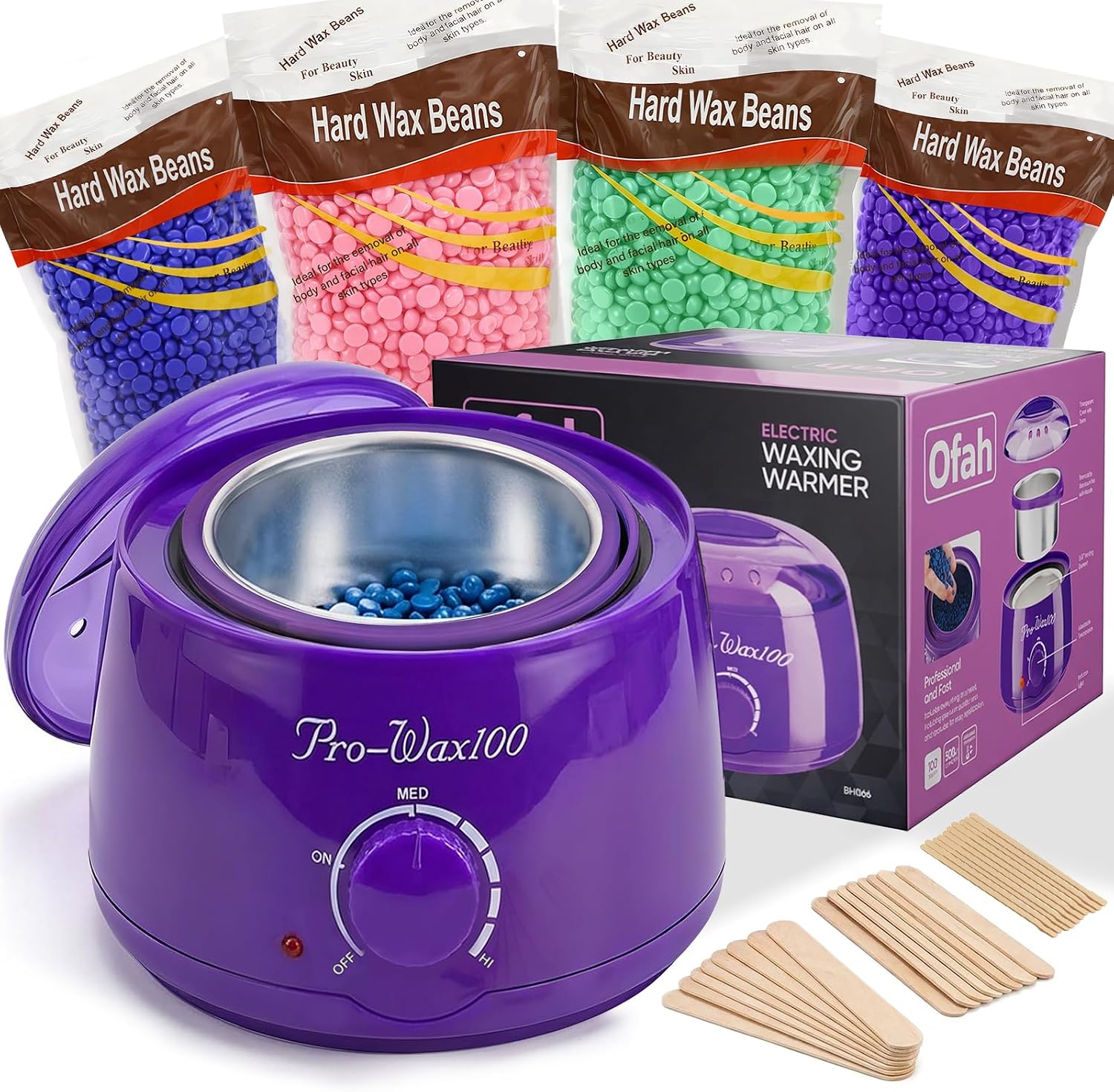 Waxing Kit for Hair Removal, Wax Warmer Heater Pot Machine with 4 Bags of Hard Wax Beads and 30 Applicator Sticks, Wax Kit for Women & Men, Face Legs Bikini