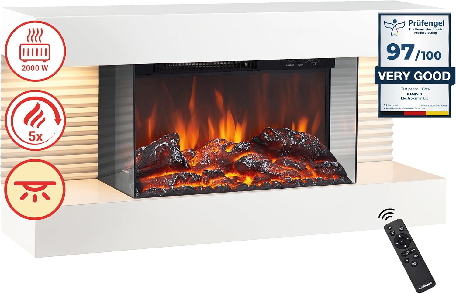 KAMINIO Electric Fireplace LIZ - Wall-Mounted Fireplace with Heater, 3D Flame Effect, LED ambient light, Remote Control - White (without pipe)