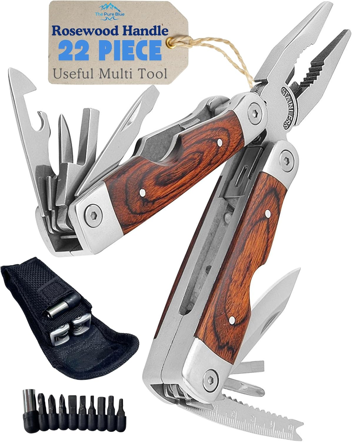 Rosewood Multi Tool, 22 in 1 Tools, Tough Multitool Belt Pouch, Needle & General Pliers, Screwdrivers - Phillips & Flathead, 10 Piece Bit Set, File, 2 Inch Rule, Can Opener, Bottle Opener