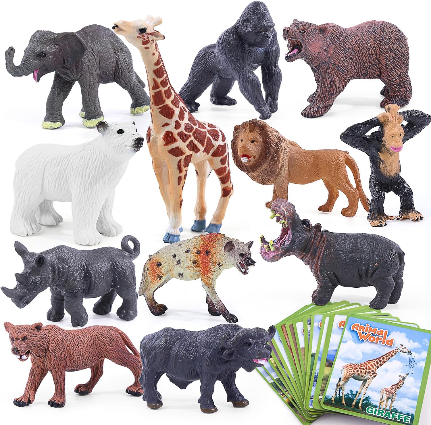 SIENON 12pcs Safari Animals Figure Toys with Flash Cards, Plastic Realistic Wild Zoo Jungle Figurines with Elephant Lion Giraffe Bear Gorilla for Kids Educational Learning Party Decoration
