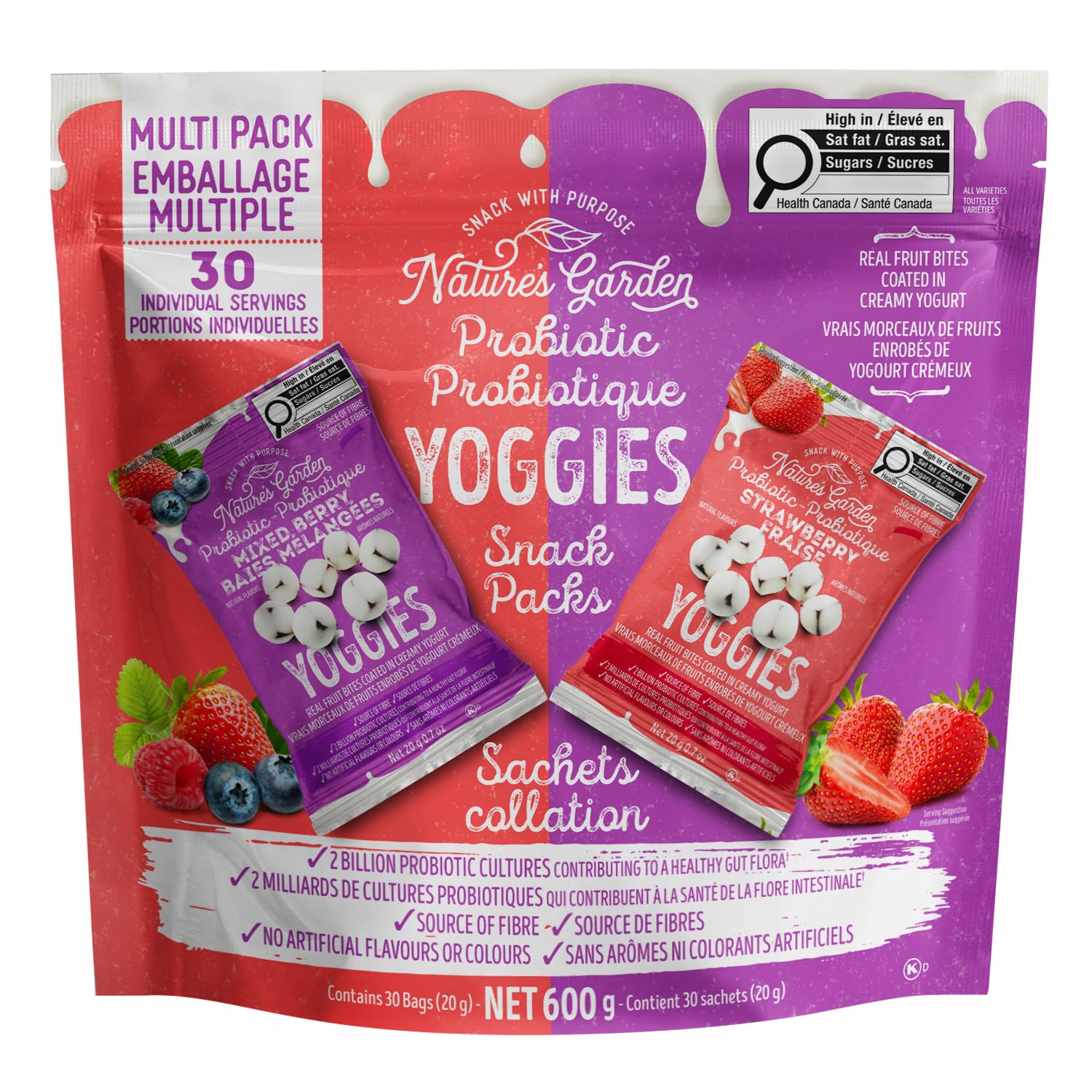 Nature's Garden Probiotic Yoggies Multi Pack, 21oz (30 x 0.7oz) | (Strawberry 15x0.7 oz + Mixed Berry 15x0.7 oz) Yogurt Covered Snack, Real Fruit Pieces, No Artificial Flavors or Colors