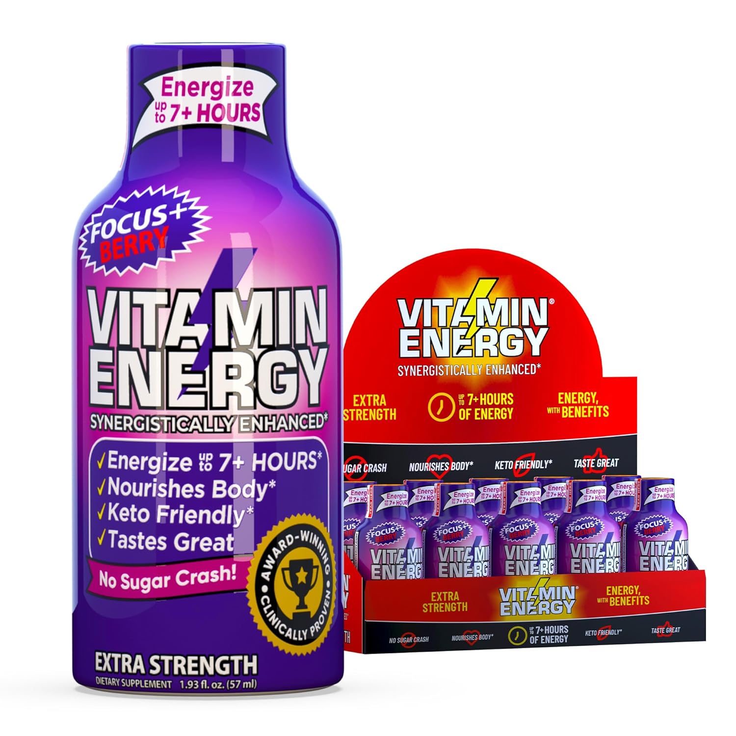 Vitamin Energy Focus+ Extra Strength Energy Shot Berry 10 Pack, 260mg Natural Caffeine, B-Vitamins, CoQ10, Amino Acids, Focus, Productivity & Clarity, Zero Sugar, Gluten-Free, 1.93 fl oz