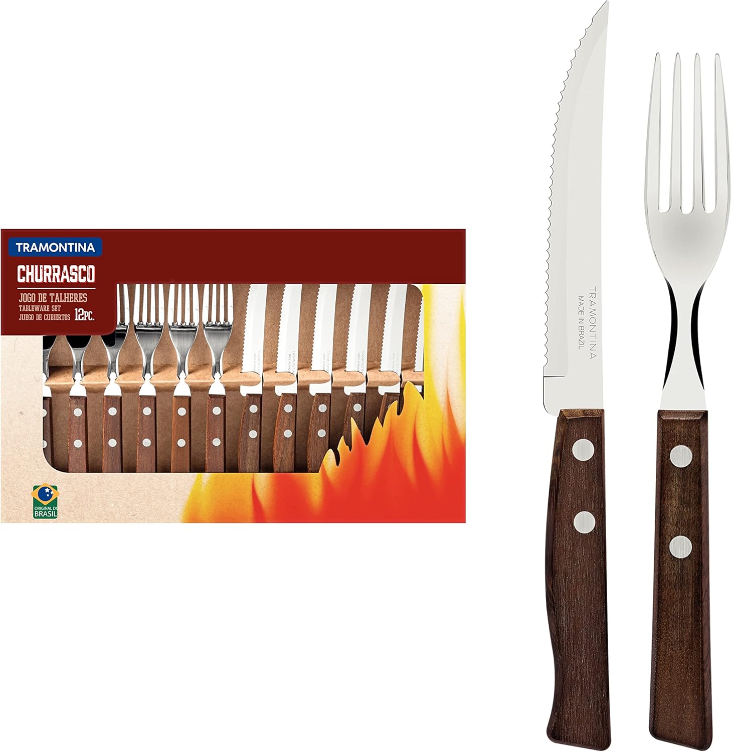Tramontina Cutlery Set with Steak Knives, 12 Piece Sharp Knife and Fork Set with Wooden Handles, ‎Camping, Kitchen, Rustic, 22299002