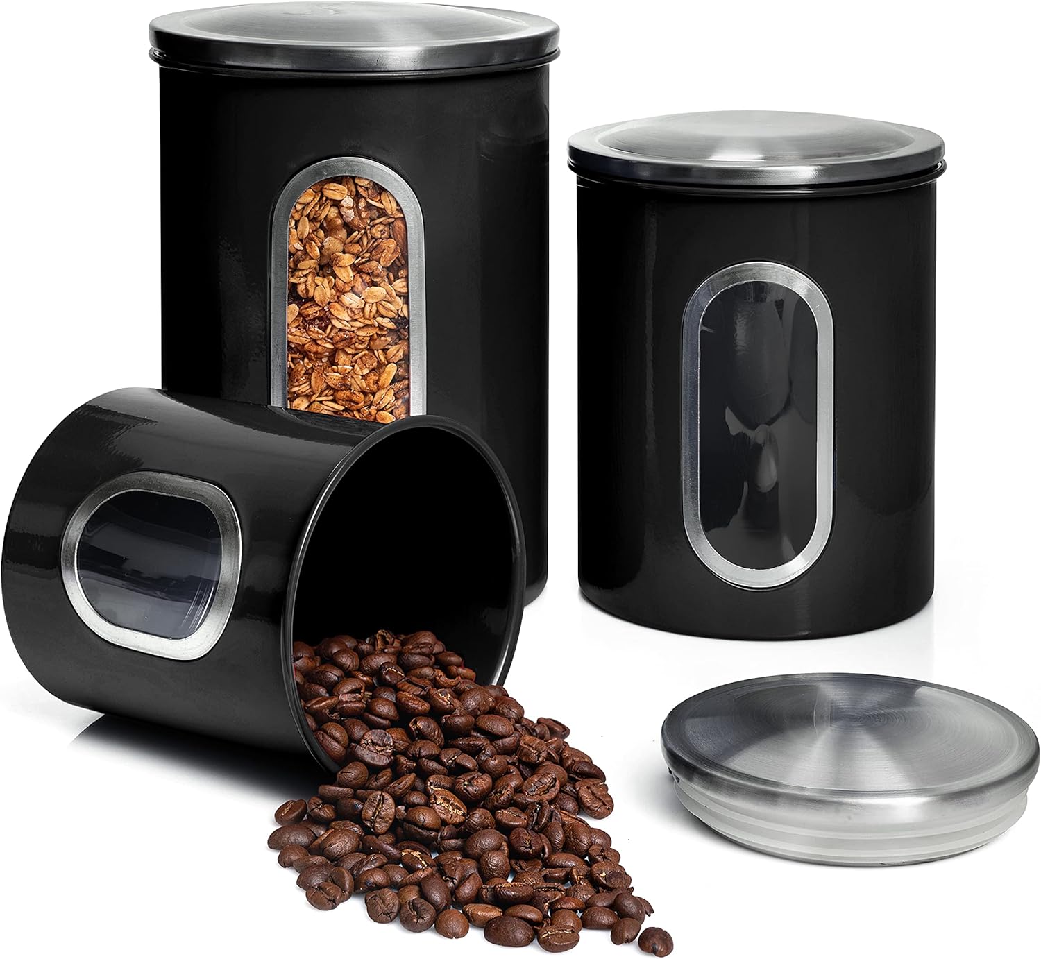 Mixpresso 3-Piece Black Canisters Sets For The Kitchen, Airtight Canister Set With See Through Window, Storage Jars for Coffee Container, Tea Organizer & Sugar Canister, Black Kitchen Canisters