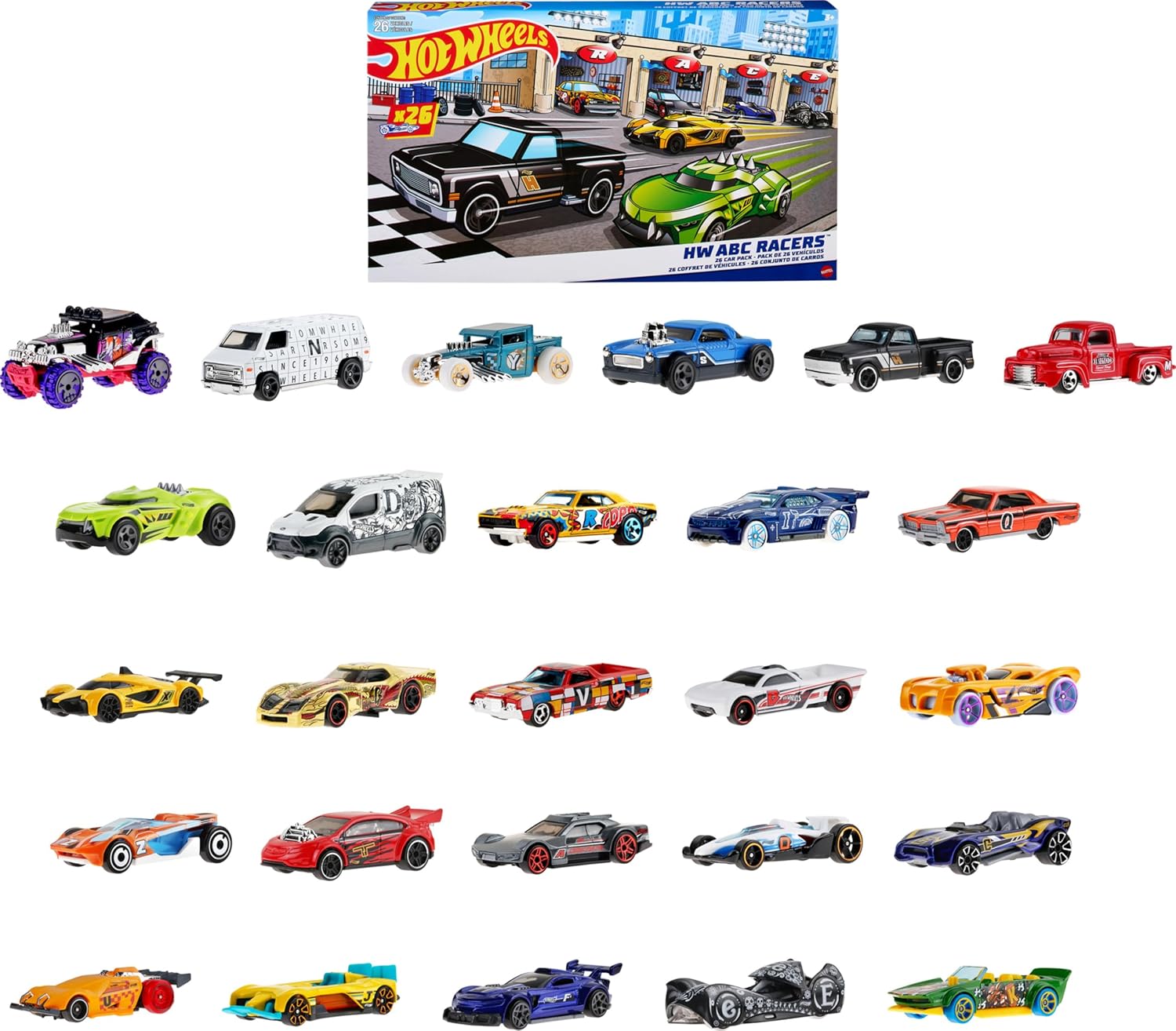 Hot Wheels ABC Racers, 26 Cars in 1:64 Scale With Letters of the Alphabet, Learn to Spell & Read With Toy Cars, HKL76