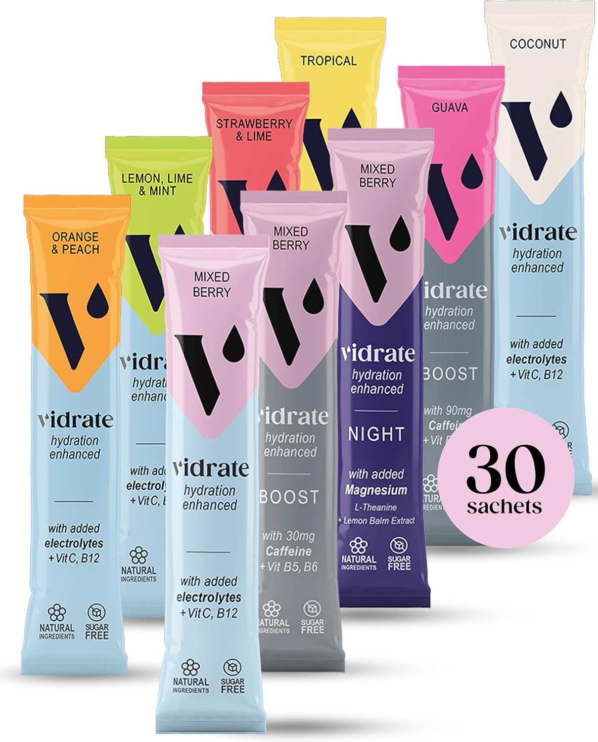 Electrolytes Powder - Hydration Sachets Packed with Vitamins - Zero Sugar Rehydration Sachet, No Artificial Sweeteners & Preservatives by ViDrate - Mixed Berry Variety Pack, 30 Electrolytes Sachets