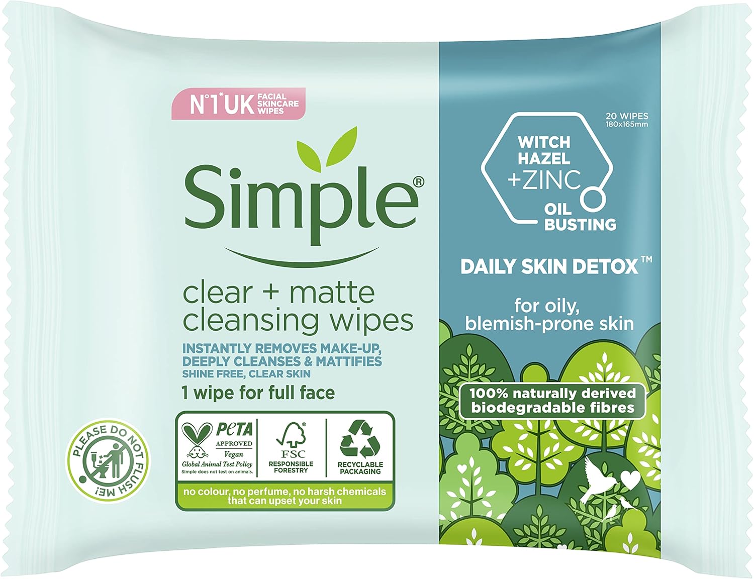Simple Daily Skin Detox Clear + Matte Biodegradable Wipes with vitamin B3 cleansing make-up remover for oily skin 20 wipes