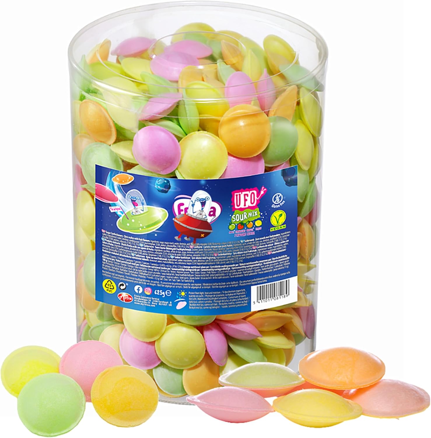 Sour Fruit Flying Saucers Sweets - 375g UFO Citric Crispy Wafers with Fruit Flavours Fizzy Sweets Bulk Buy & Topline Card. Gluten Free Kids Treats for Birthday Party Bag Fillers