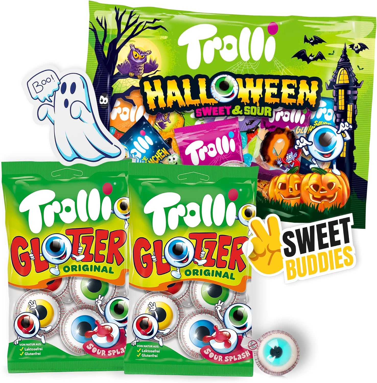 Trolli Glotzer & Halloween Sweet & Sour Bundle – 2x Glotzer Eyes + 1x Party Mix + Ghost Sticker + Sweet Buddies Label – Fruity Gummy Candy Set for Halloween Party Bags, Gifts & Trick or Treat