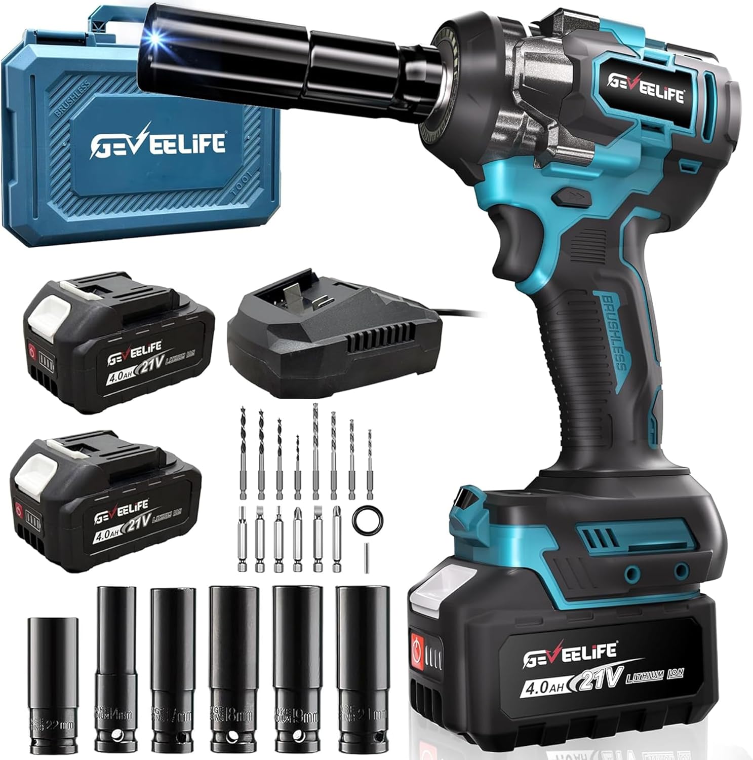 650N.m/480Ft-lbs Brushless Impact Wrench,1/2" Cordless Impact Gun w/ 2x4.0Ah Battery & 6 Sockets, 3300RPM Power Electric Impact Driver for Car/DIY Furniture/Lawn Mower, Blue Toolbox