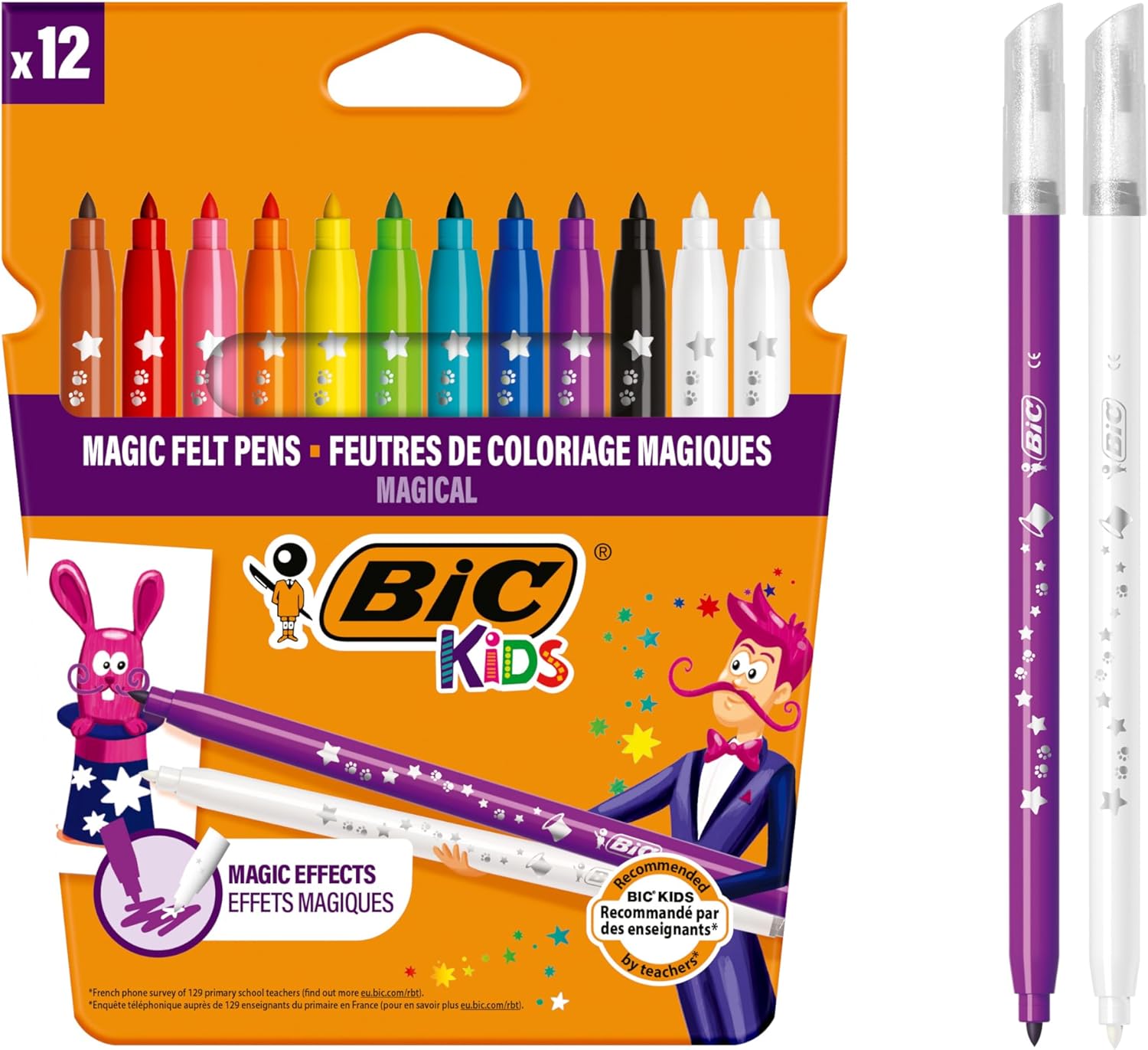 BIC Kids Magic Felt Tip Pens, Erasable Ink with Two Erasers, Washable Colouring Pens, Back to School Supplies, 12 Pack