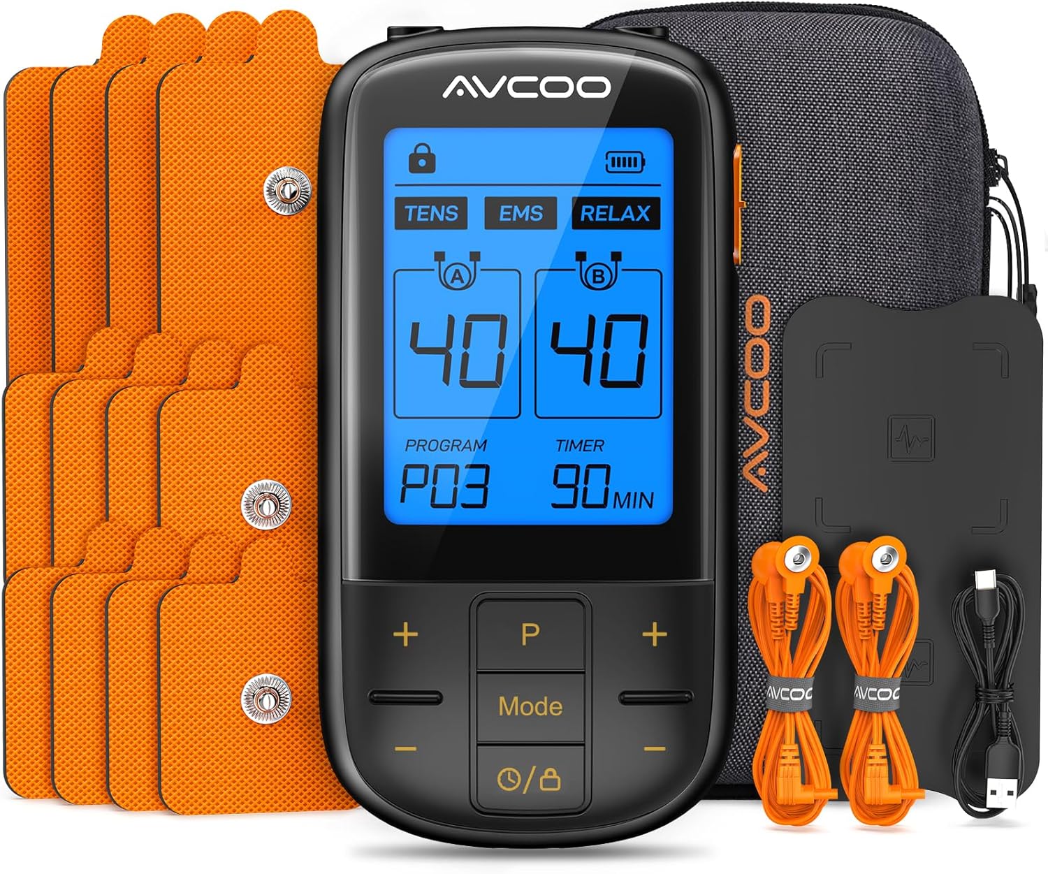 3-in-1 TENS Unit with 32 Modes, Dual Channel EMS Muscle Stimulator with 40 Intensities for Gradual Pain Relief Therapy, Rechargeable Electronic Pulse Massager with 12 Electrode Pads, EVA Case