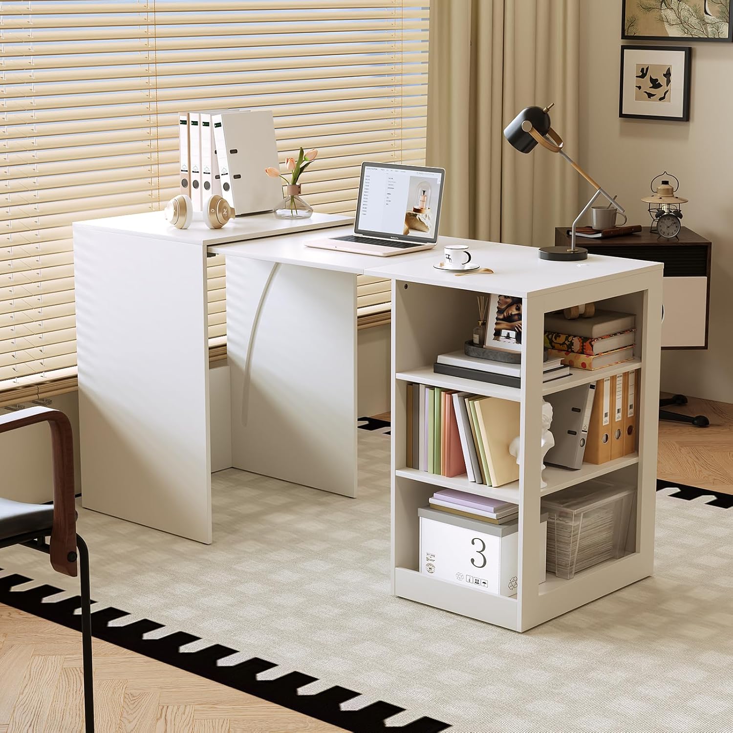 Folding Desk, Home Office Desk with Storage, Compact Foldable Computer Desk, Pull Out Table with 3-Tier Open Shelves for Small Space, Bedroom, Living, Kitchen,White