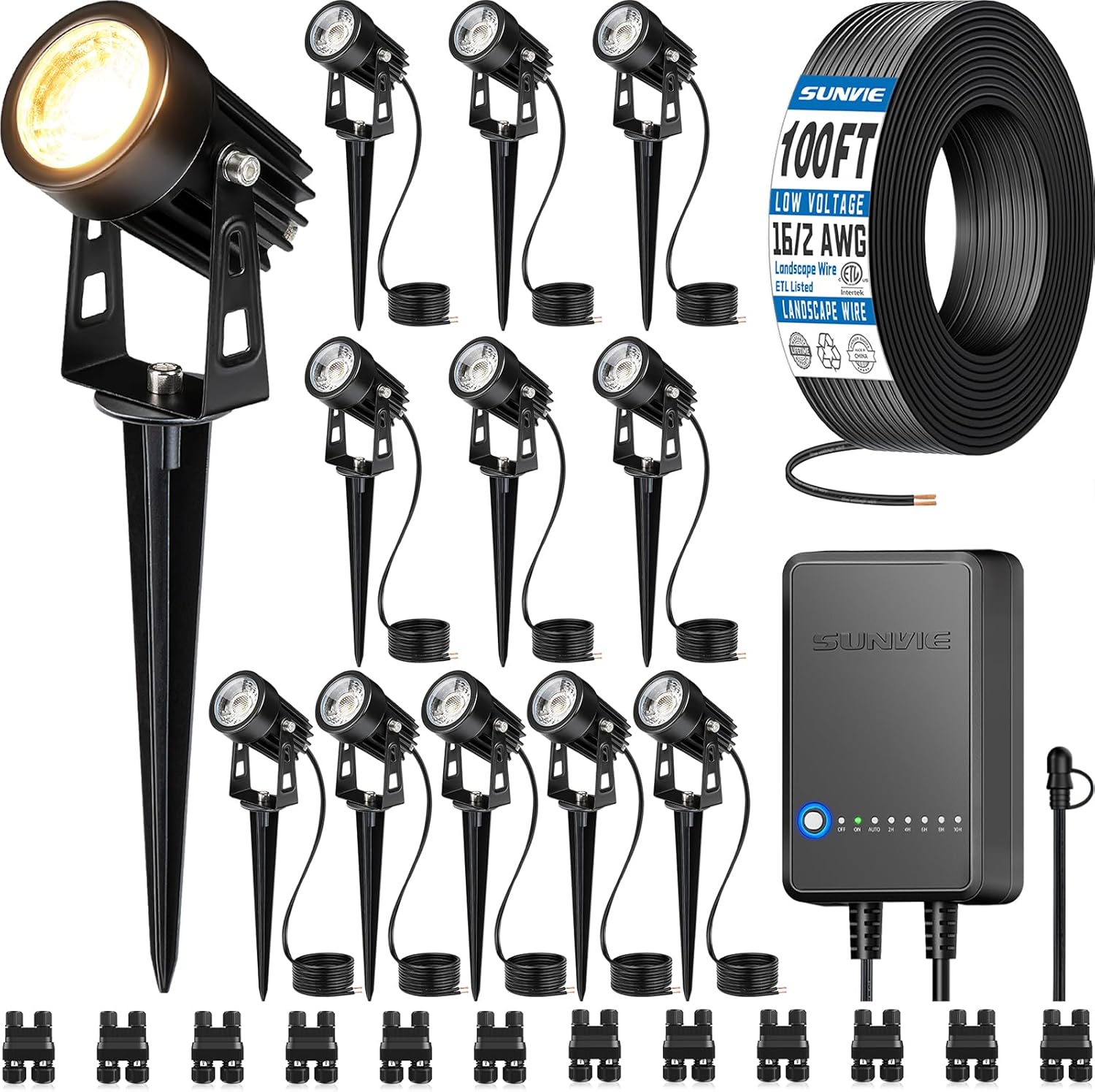 SUNVIE All-in-One LED Low Voltage Landscape Lighting Kit, 12-Pack Landscape Lights with Transformer 100FT Wire and Connectors, 3000K Waterproof Low Voltage Landscape Lights for Garden Yard House Tree