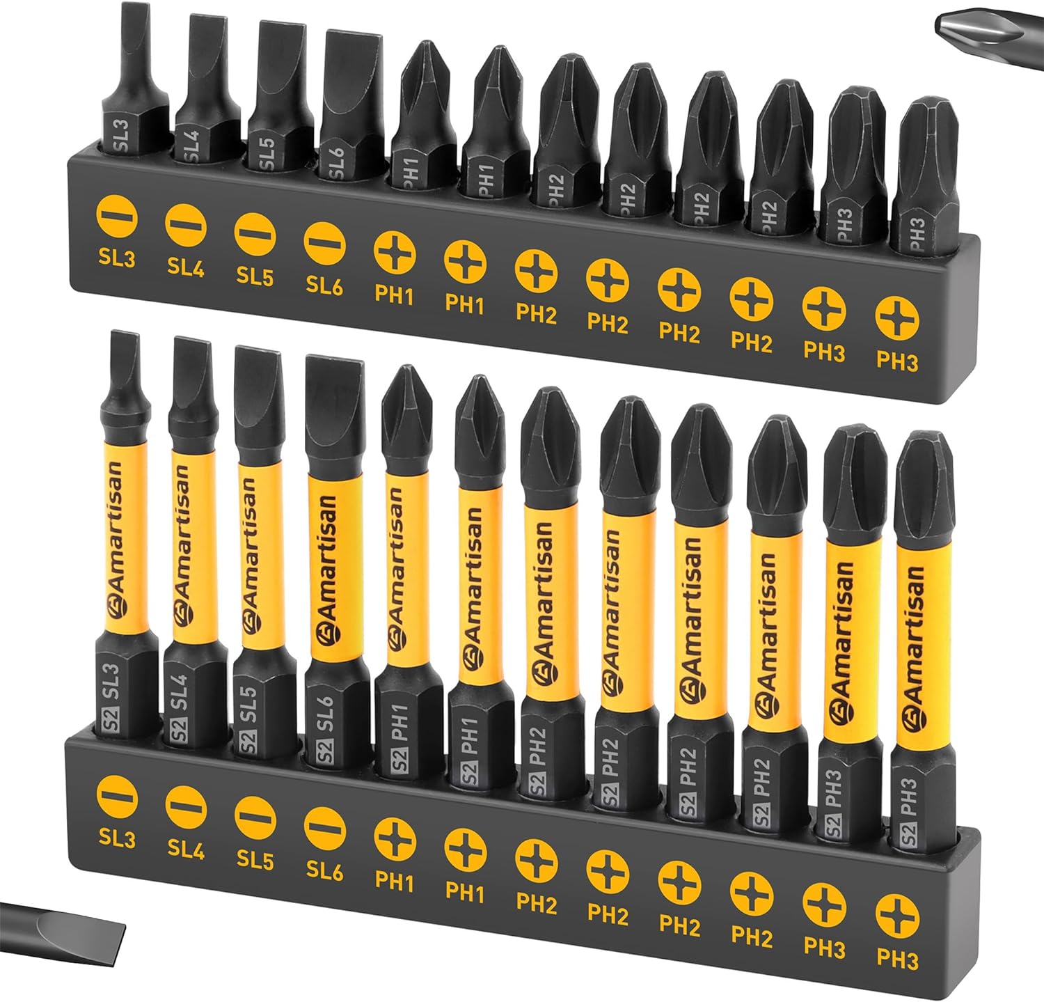 Amartisan 24-piece Screwdriver Bit Set | Magnetic Slotted Phillips driver bit set | S2 Steel, long 1" and 2.3" Head Drill Bits Set