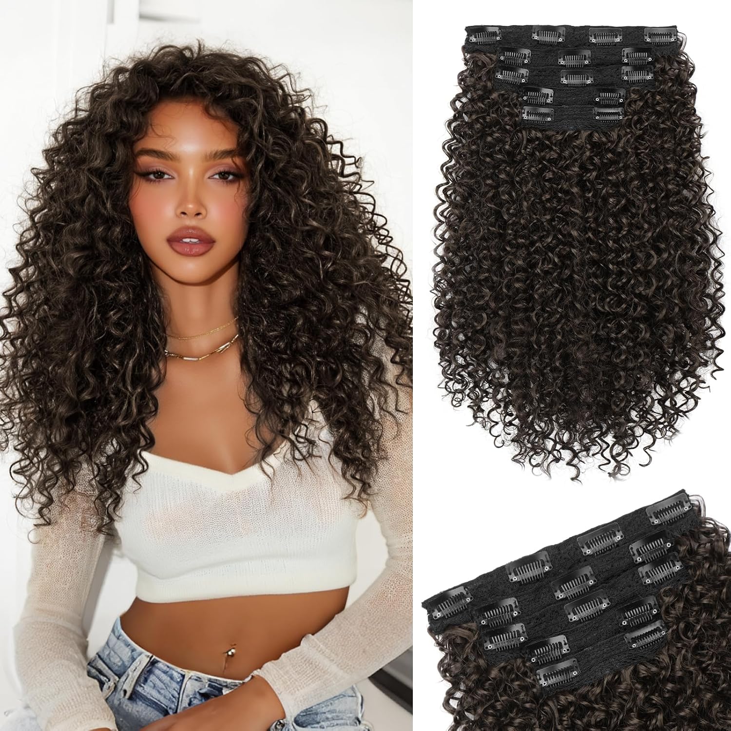 Sofeiyan 5 Pcs Curly Hair Extension,16 Inch 100% Pure Protein Silk Clip in Hair Extensions for Women,Synthetic Kinky Hairpieces for Daily Parties Work Prom Use,Dark Chocolate Brown