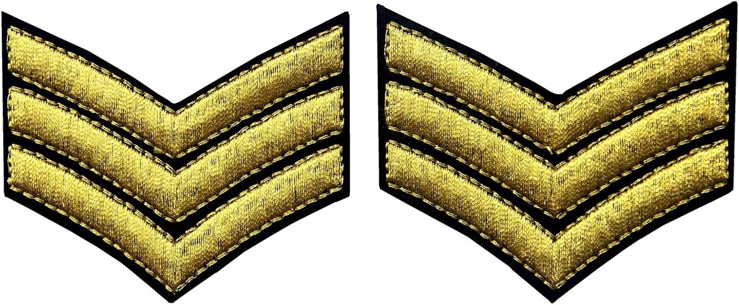 Millitary Uniform Chevrons Sergeant Stripes Army Embroidered Arms Emblem Iron On Sew On Shoulder Patch, Gold, 2 Pcs