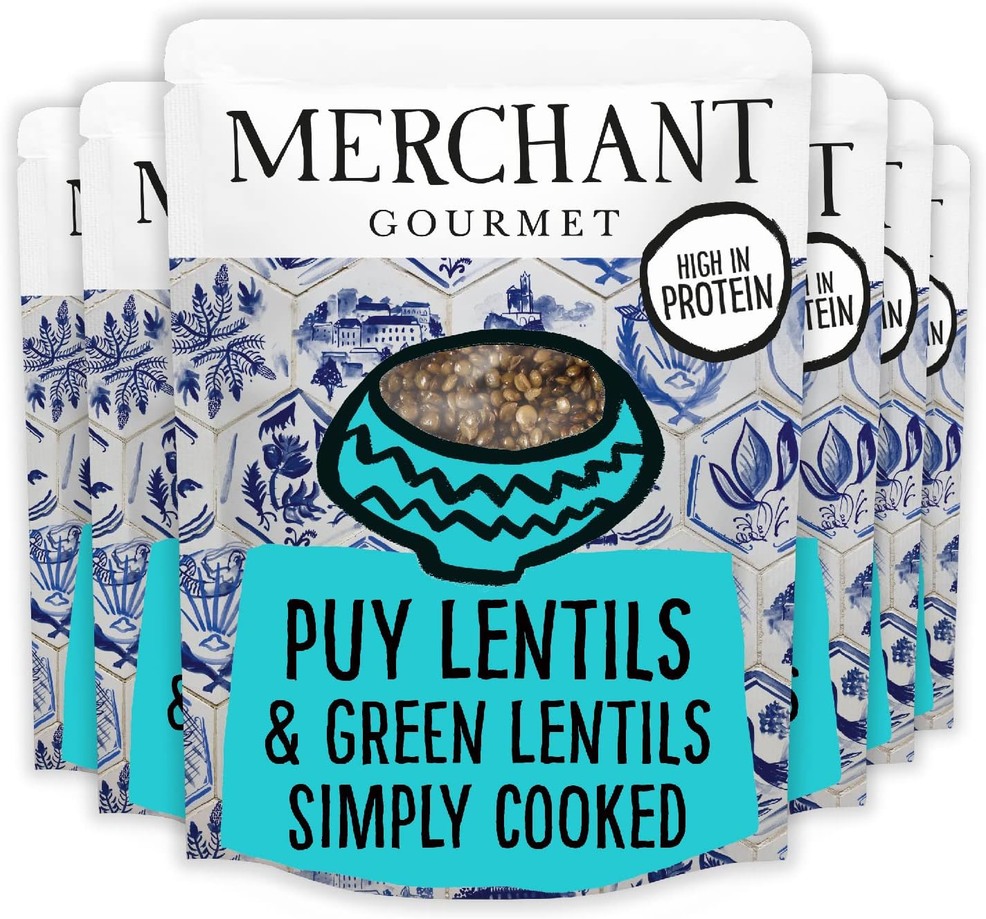 Merchant Gourmet Simply Cooked Puy Lentils - High in Protein, Low Fat, Source of Fibre & Vegan - Pack of 6 x 250g Ready-to-eat Pouches