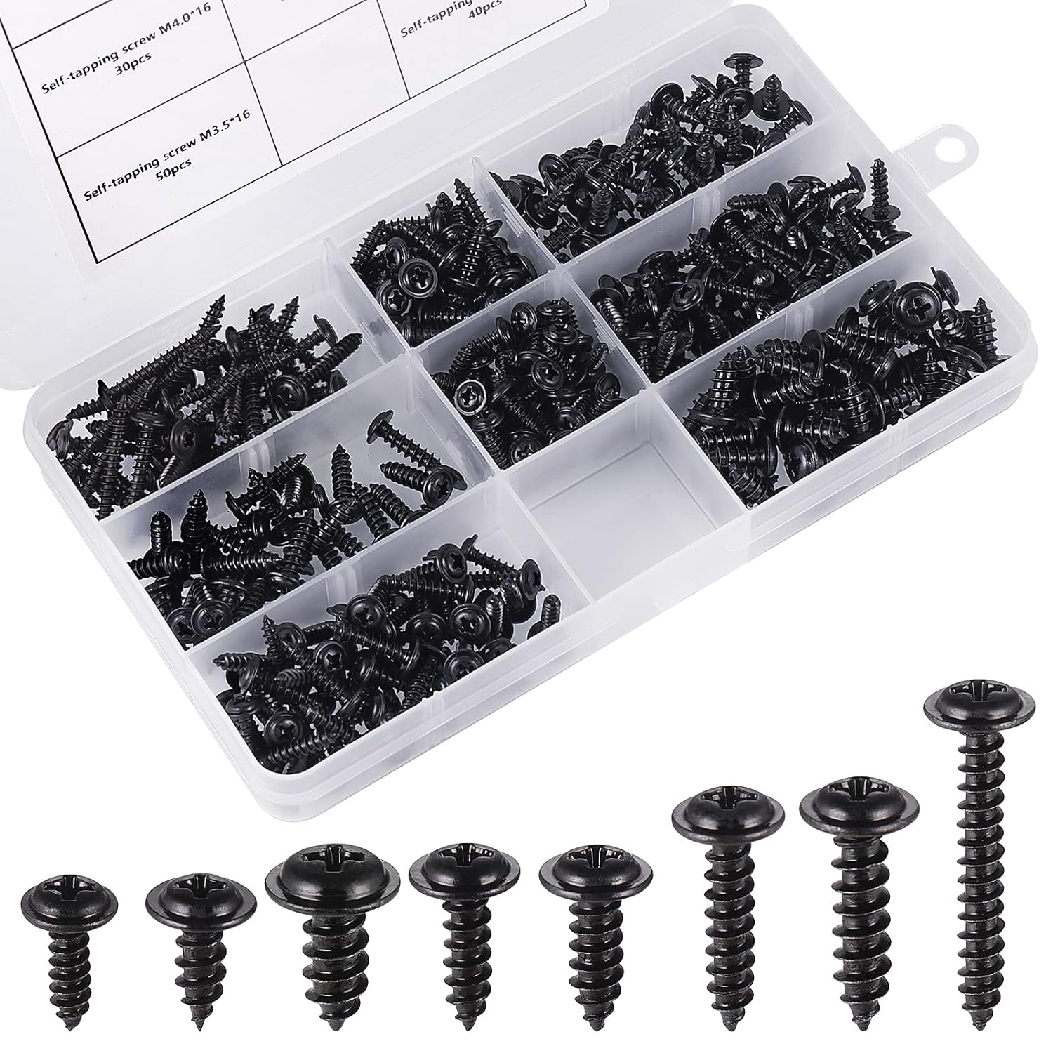 Fentar 350PCS Self Tapping Screws, Black Screws Assortment M3 M3.5 M4 M4.8, Carbon Steel Pan Head Galvanized Small Anti-rust Drilling Wood for Repairing with Storage Box, 8 Size